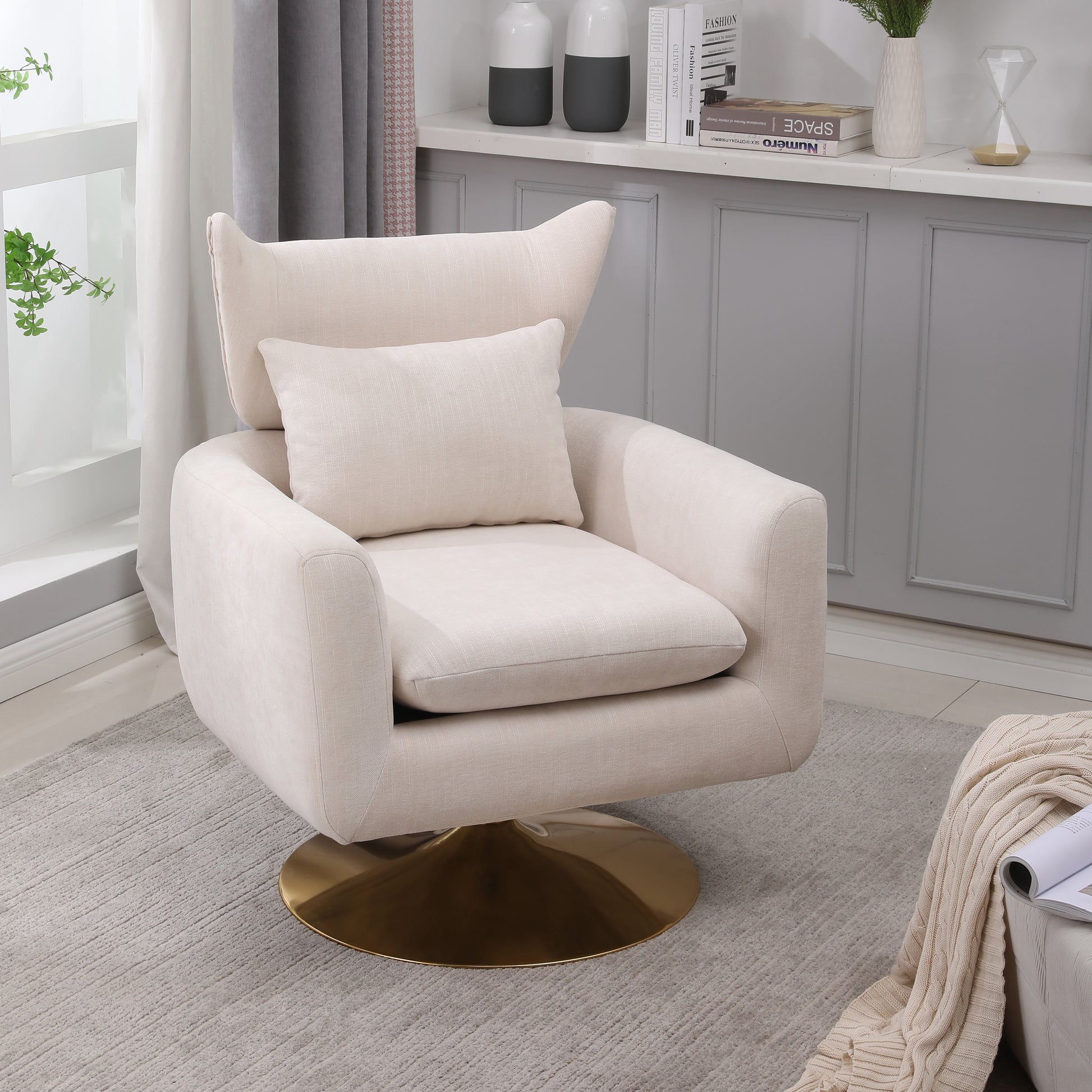Classic Mid Century 360 Degree Swivel Accent Chair, Beige Linen Beige Primary Living Space American Design Foam Linen