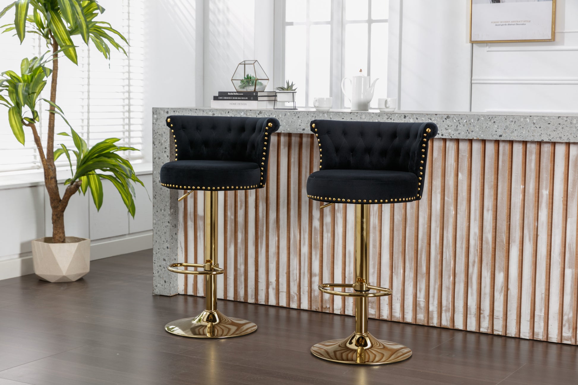 Coolmore Swivel Bar Stools Set Of 2 Adjustable Counter Height Chairs With Footrest For Kitchen, Dining Room 2Pc Set Black Velvet