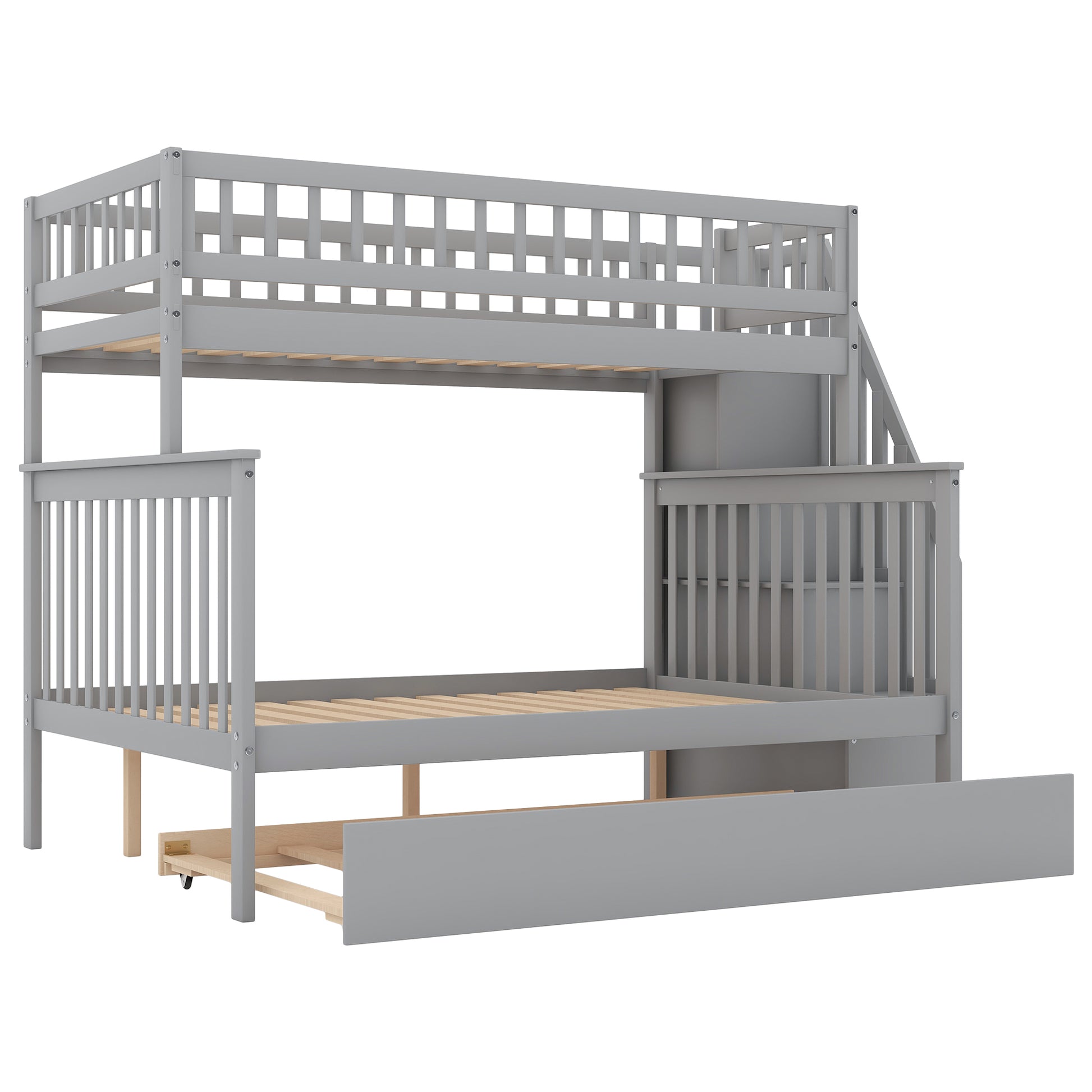 Twin Over Full Bunk Bed With Trundle And Staircase,Gray Twin Gray Pine