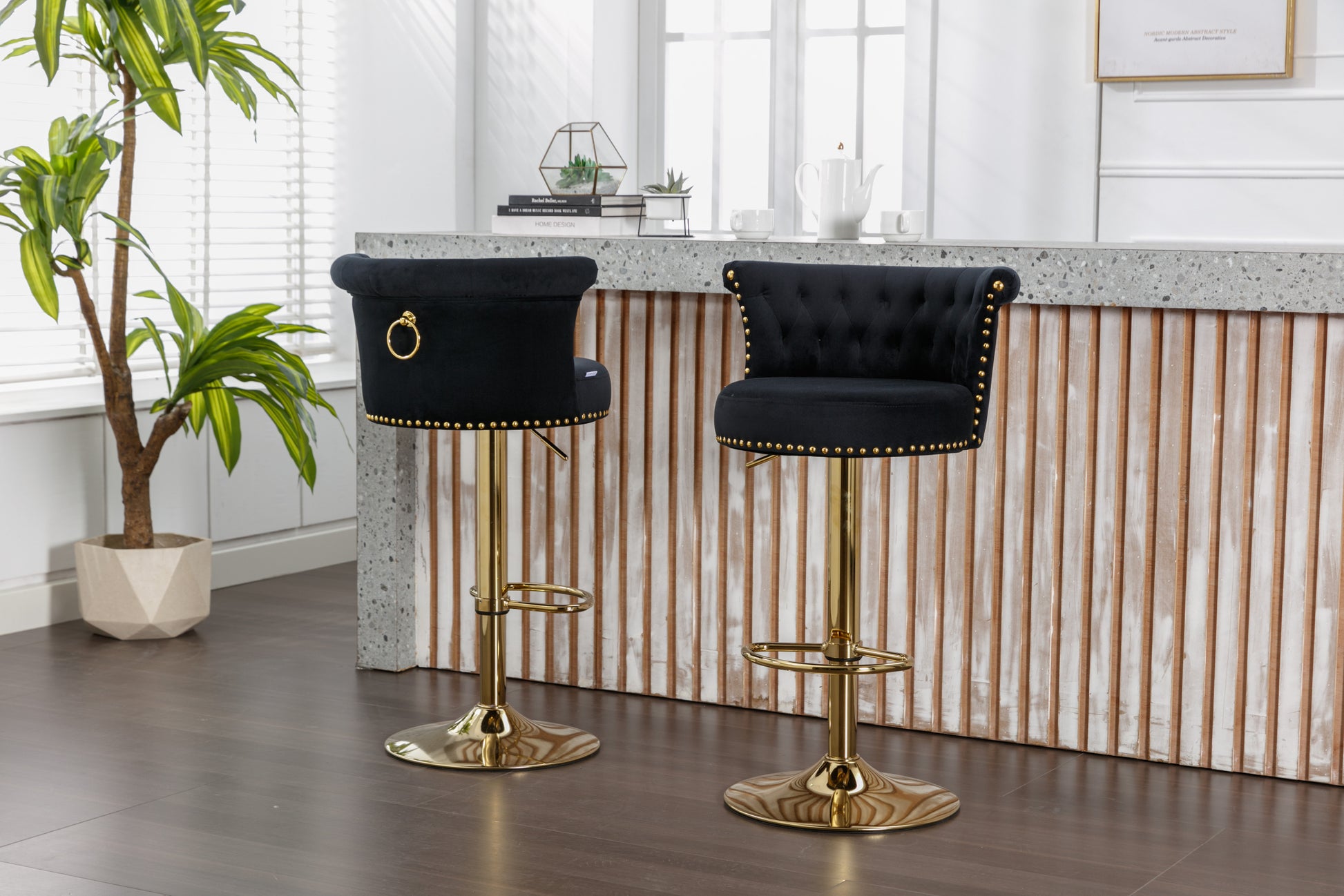 Coolmore Swivel Bar Stools Set Of 2 Adjustable Counter Height Chairs With Footrest For Kitchen, Dining Room 2Pc Set Black Velvet