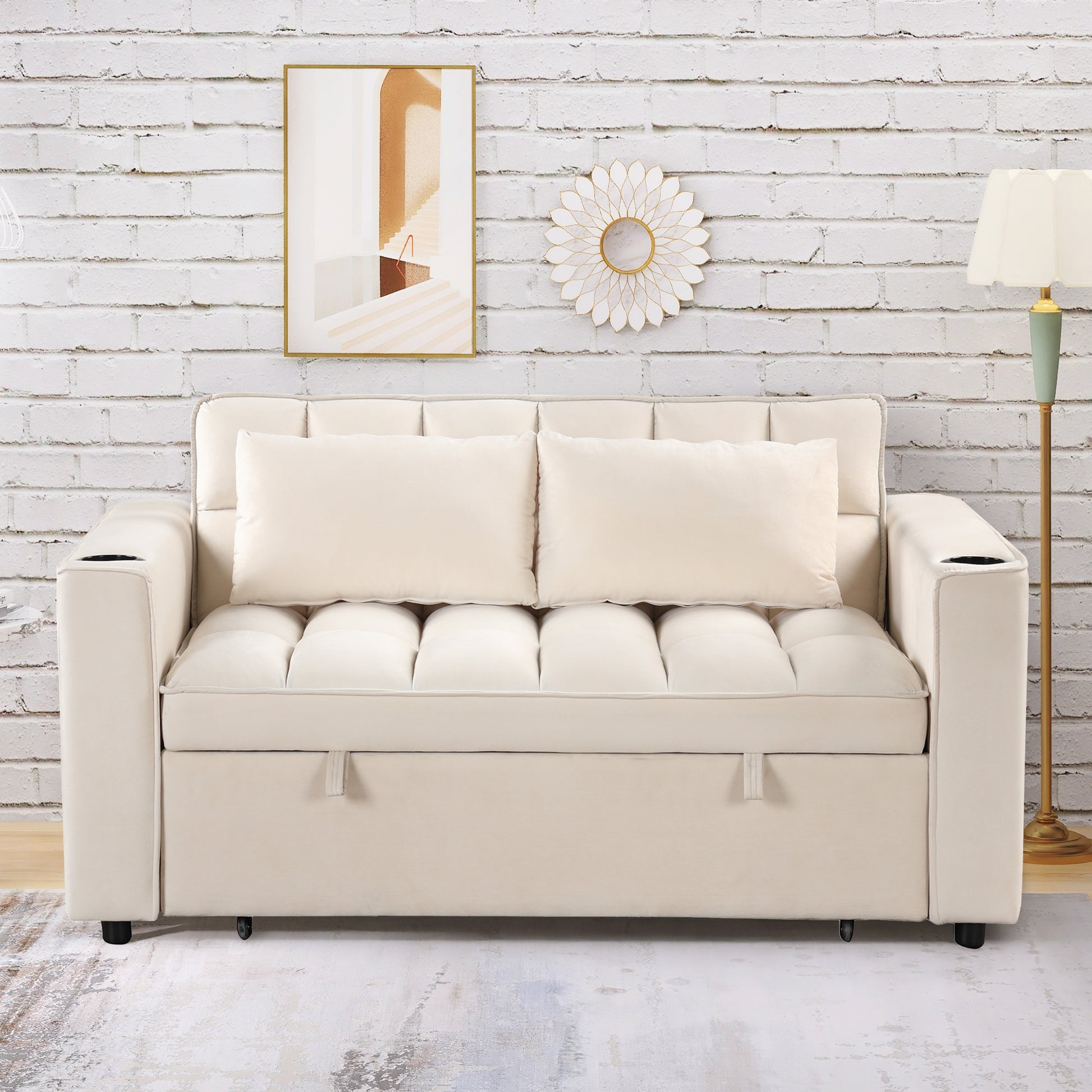 58" 4 1 Multi Functional Sofa Bed With Cup Holder And Usb Port For Living Room Or Apartments Milky White Milk White Foam 2 Seat