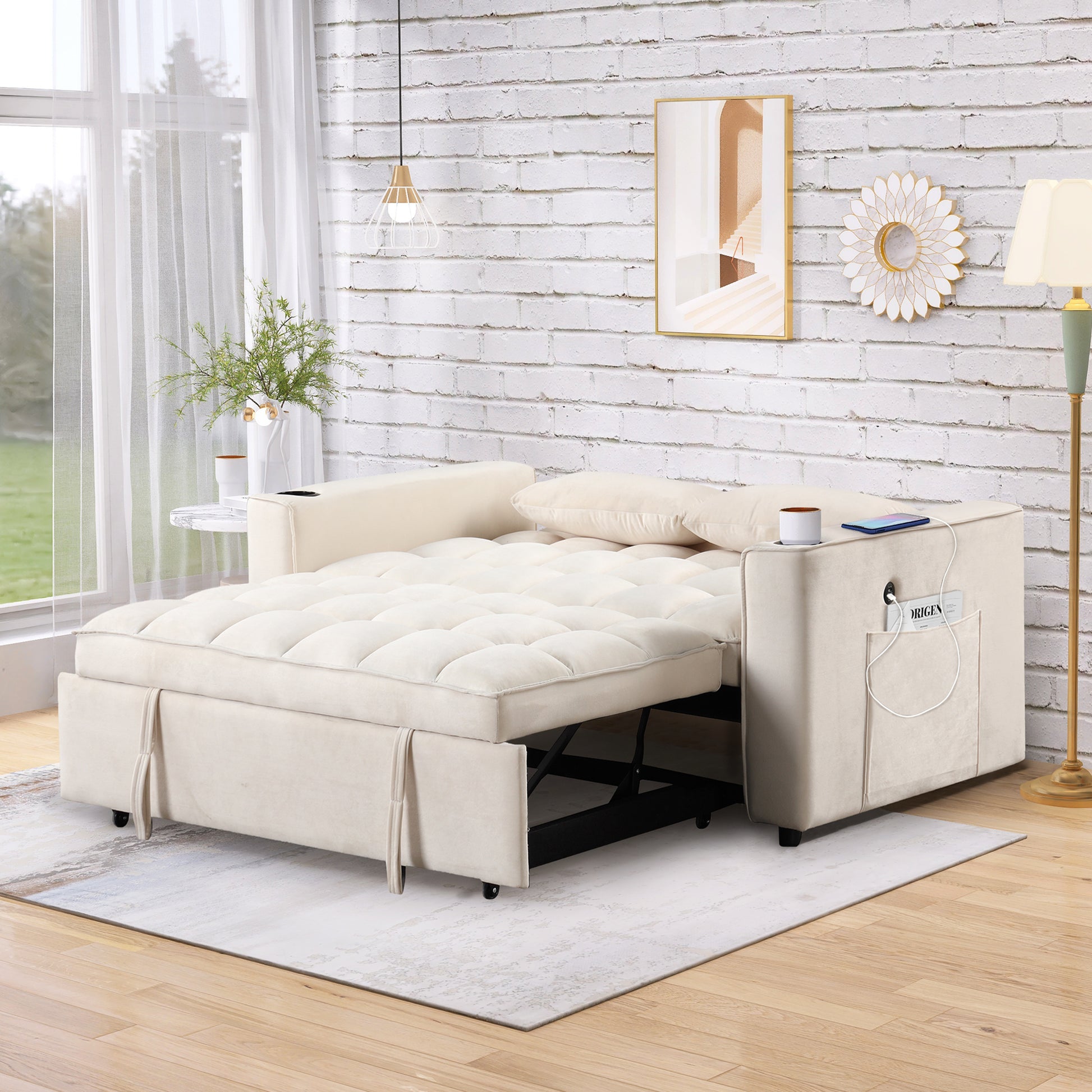 58" 4 1 Multi Functional Sofa Bed With Cup Holder And Usb Port For Living Room Or Apartments Milky White Milk White Foam 2 Seat