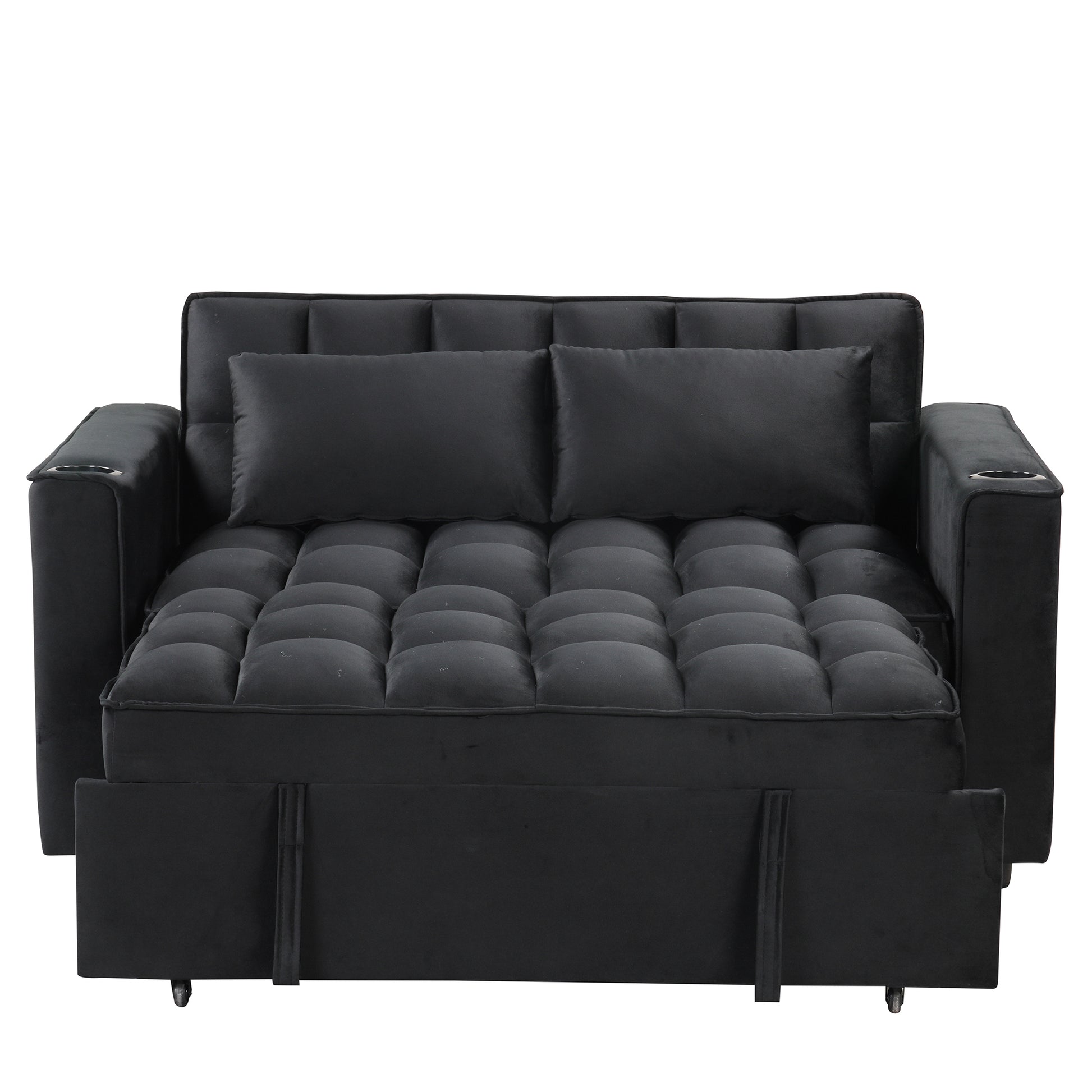 58" 4 1 Multi Functional Sofa Bed With Cup Holder And Usb Port For Living Room Or Apartments Black Black Foam 2 Seat