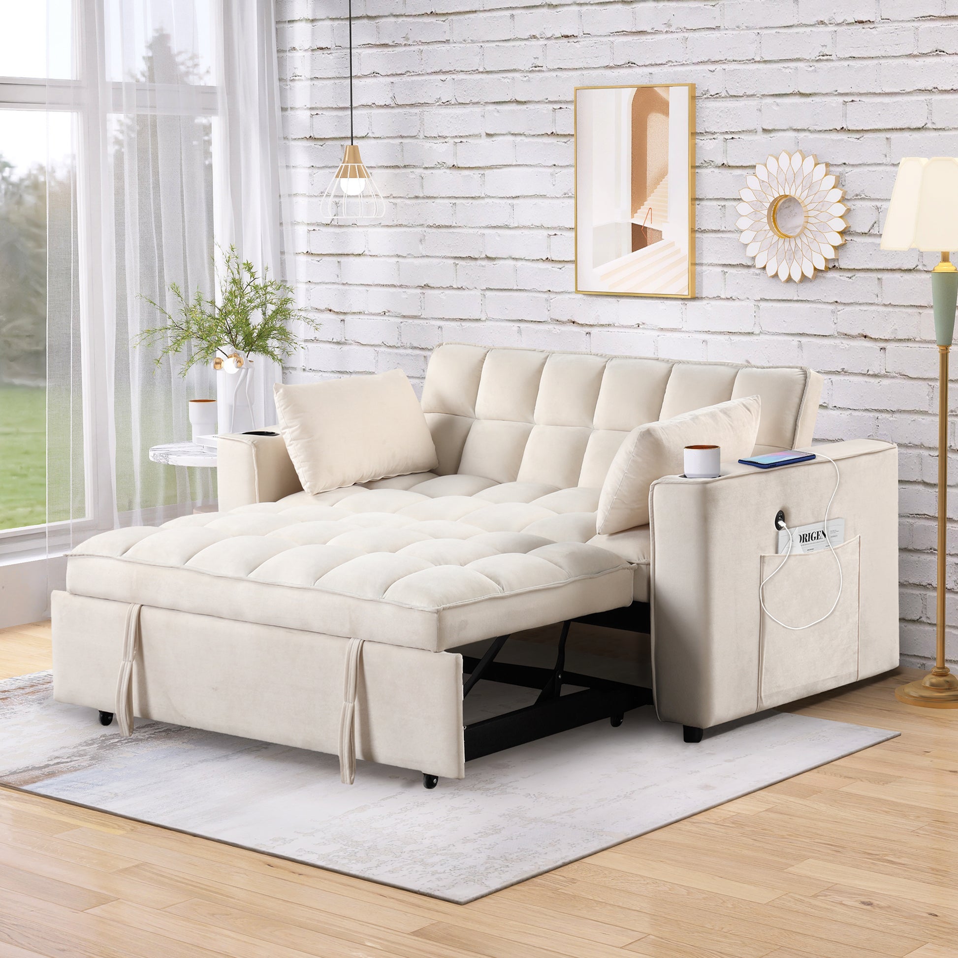 58" 4 1 Multi Functional Sofa Bed With Cup Holder And Usb Port For Living Room Or Apartments Milky White Milk White Foam 2 Seat