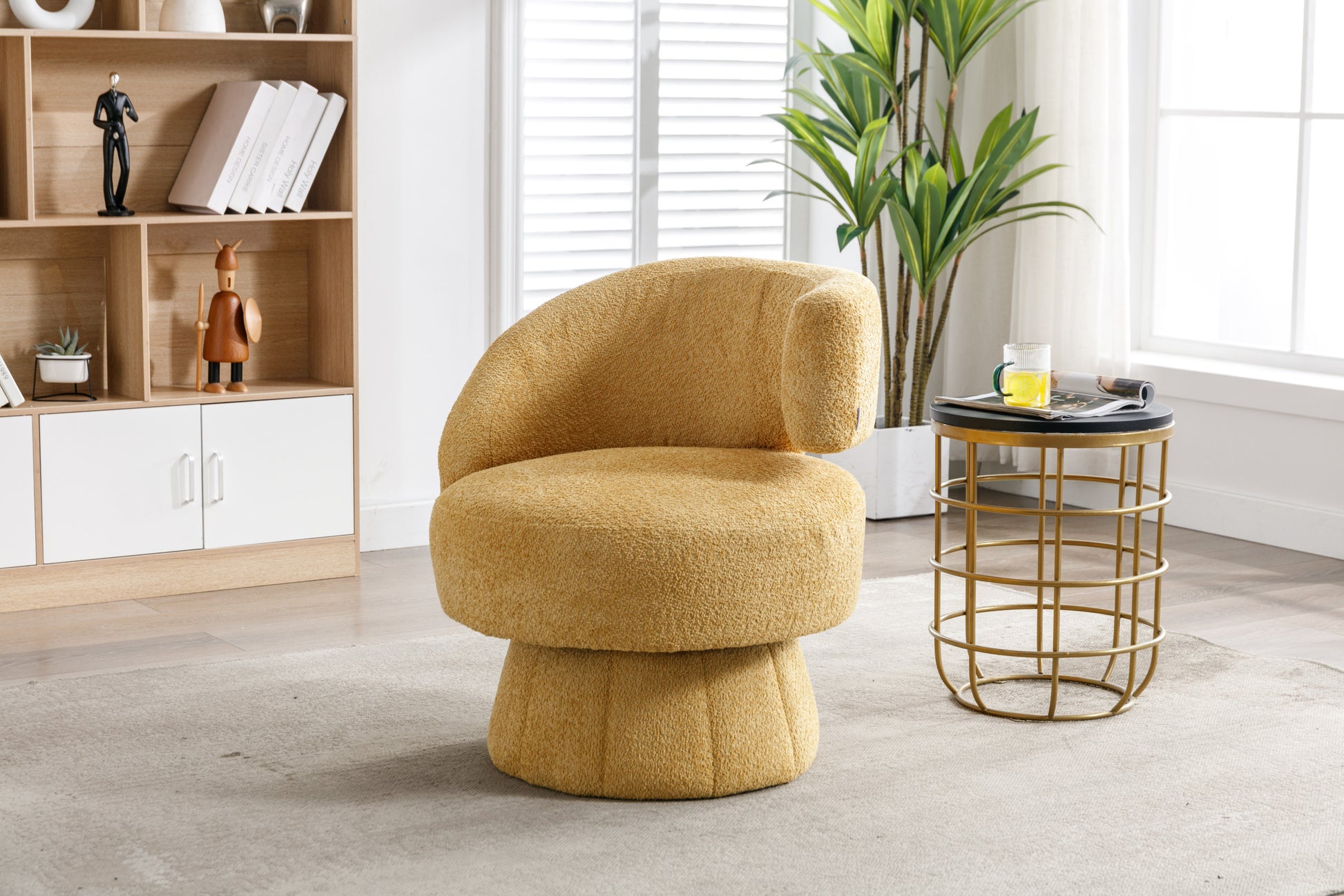 360 Degree Swivel Cuddle Barrel Accent Chairs, Round Armchairs With Wide Upholstered, Fluffy Fabric Chair For Living Room, Bedroom, Office, Waiting Rooms Yellow Foam Boucle