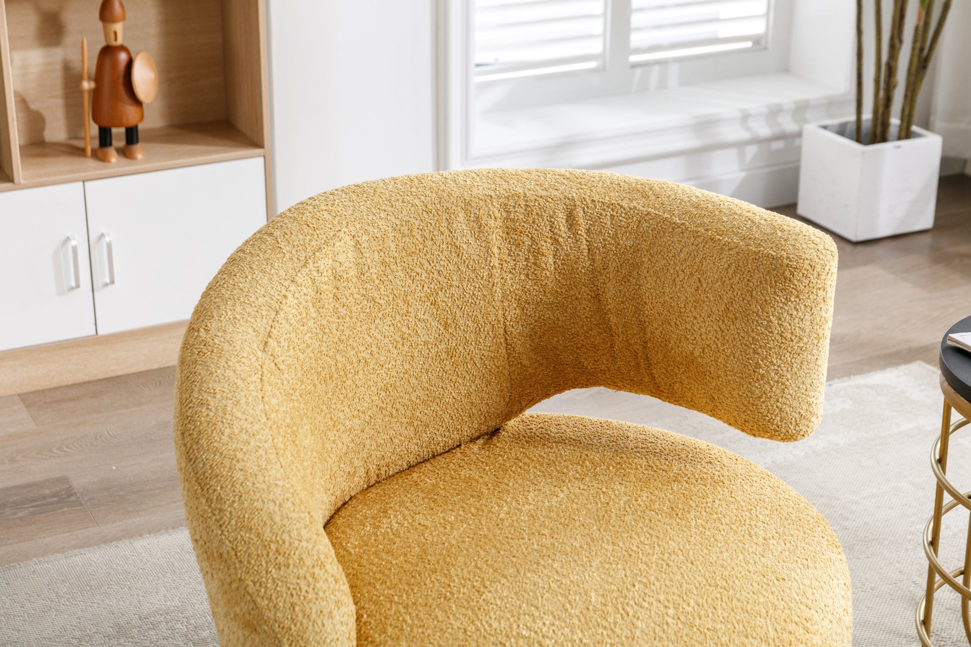 360 Degree Swivel Cuddle Barrel Accent Chairs, Round Armchairs With Wide Upholstered, Fluffy Fabric Chair For Living Room, Bedroom, Office, Waiting Rooms Yellow Foam Boucle
