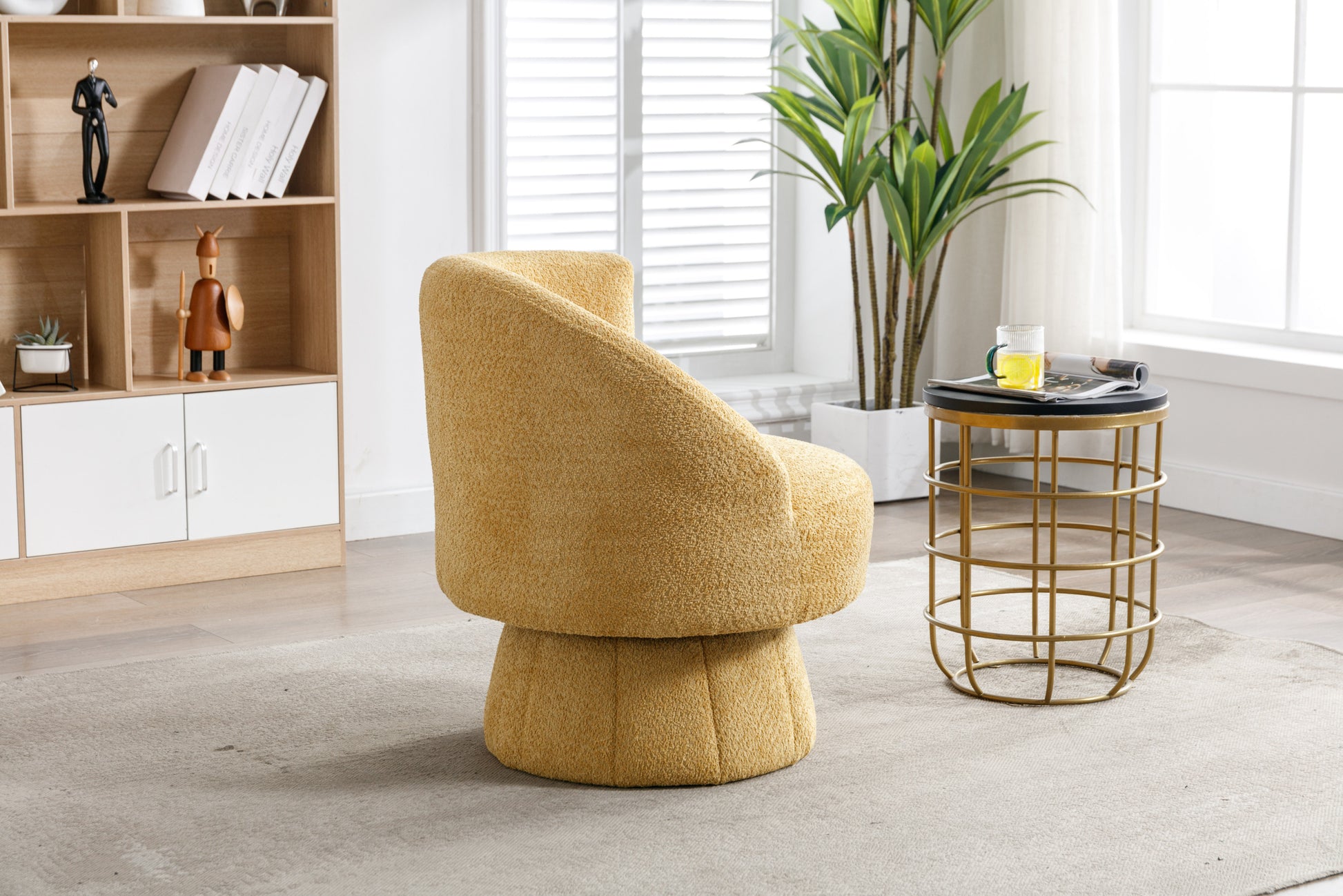 360 Degree Swivel Cuddle Barrel Accent Chairs, Round Armchairs With Wide Upholstered, Fluffy Fabric Chair For Living Room, Bedroom, Office, Waiting Rooms Yellow Foam Boucle