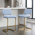 Mid Century Modern Counter Height Bar Stools For Kitchen Set Of 2, Armless Bar Chairs With Gold Metal Chrome Base For Dining Room, Upholstered Boucle Fabric Counter Stools, Blue Blue Faux Fur