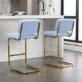 Mid Century Modern Counter Height Bar Stools For Kitchen Set Of 2, Armless Bar Chairs With Gold Metal Chrome Base For Dining Room, Upholstered Boucle Fabric Counter Stools, Blue Blue Faux Fur
