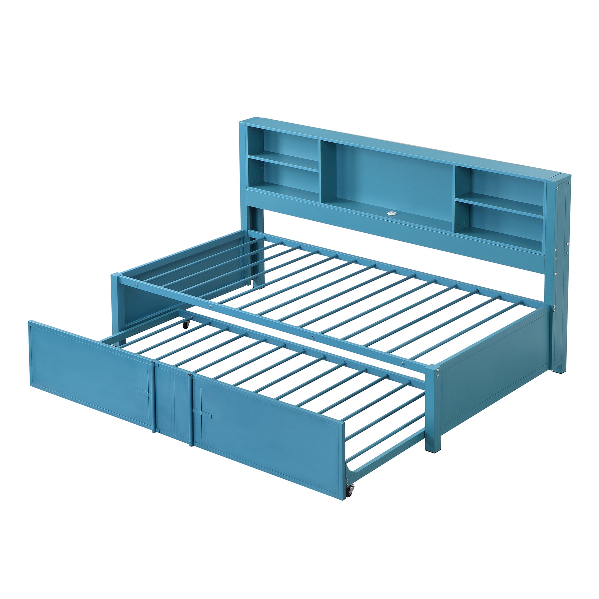Metal Twin Size Daybed With Twin Size Trundle, Storage Shelves And Usb Ports, Blue Box Spring Not Required Twin Blue Metal Bed Frame Metal & Wood