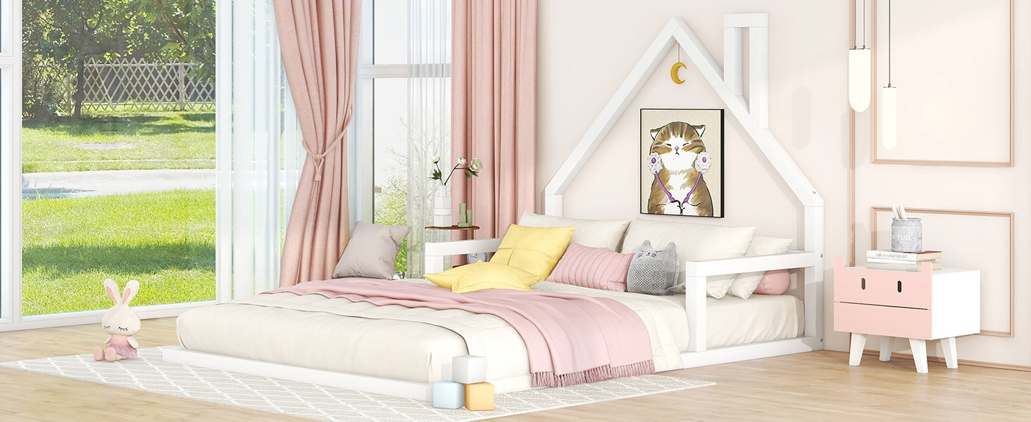 Full Size Wood Floor Bed With House Shaped Headboard, White Box Spring Not Required Full White Wood Bedroom Pine Bed Frame Solid Wood Mdf