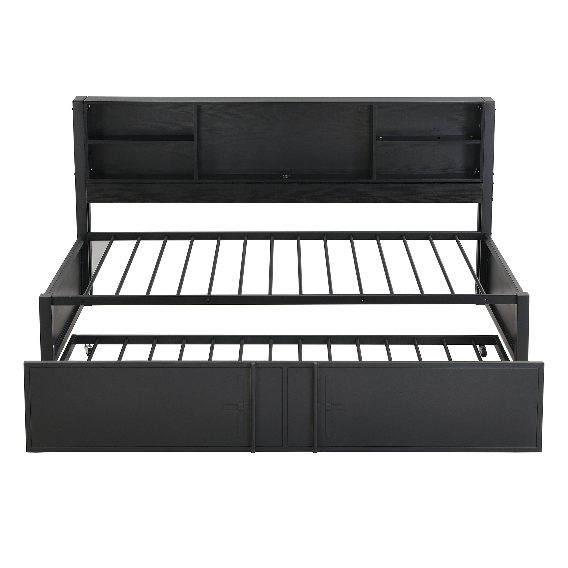 Metal Twin Size Daybed With Twin Size Trundle, Storage Shelves And Usb Ports, Black Box Spring Not Required Twin Black Metal Bed Frame Metal & Wood