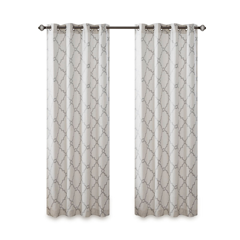 Fretwork Print Grommet Top Window Curtain Panel Only 1 Pc Panel Ivory Grey Polyester