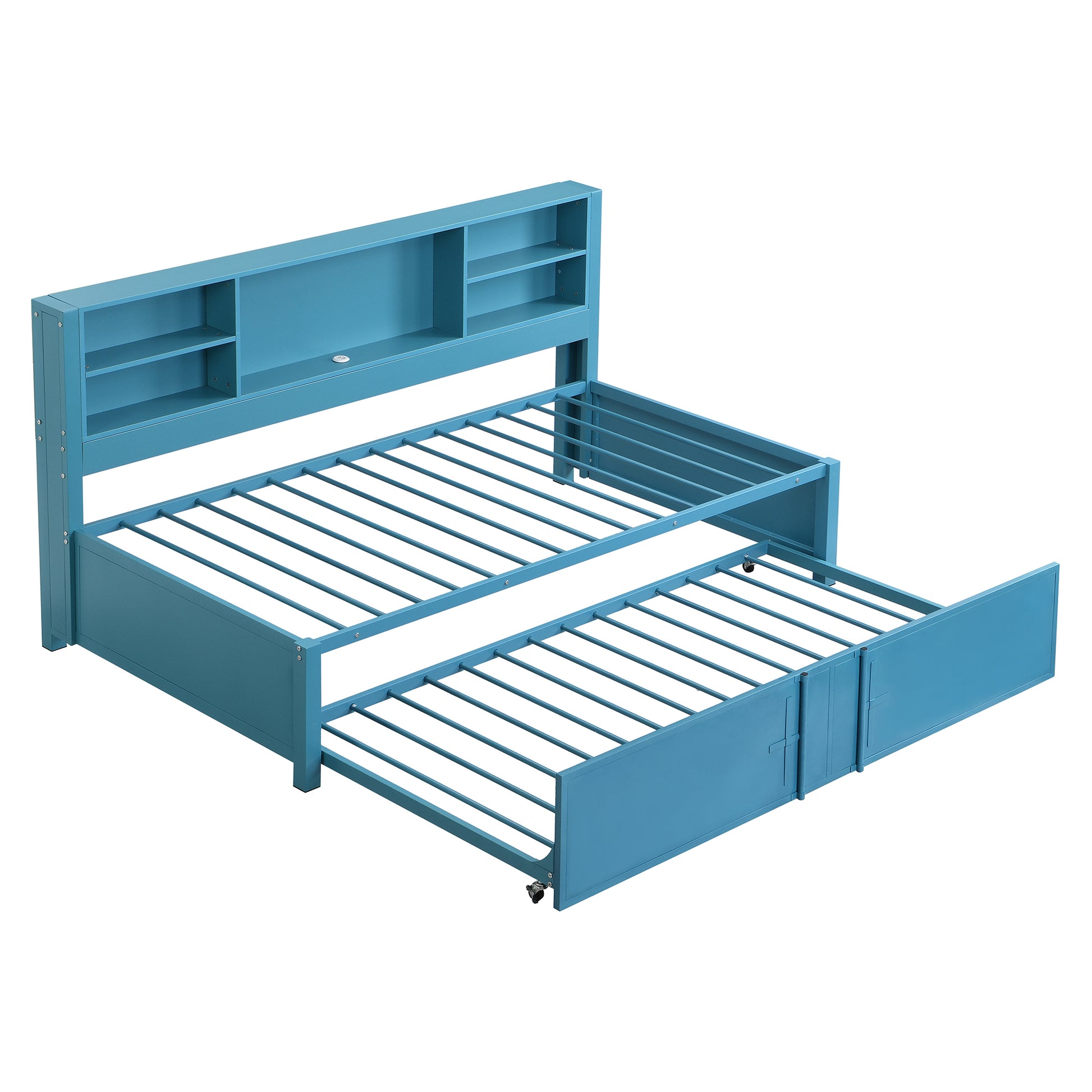 Metal Twin Size Daybed With Twin Size Trundle, Storage Shelves And Usb Ports, Blue Box Spring Not Required Twin Blue Metal Bed Frame Metal & Wood