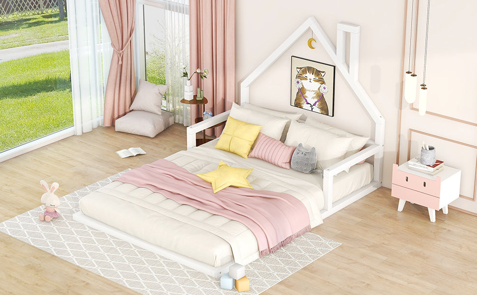 Full Size Wood Floor Bed With House Shaped Headboard, White Box Spring Not Required Full White Wood Bedroom Pine Bed Frame Solid Wood Mdf