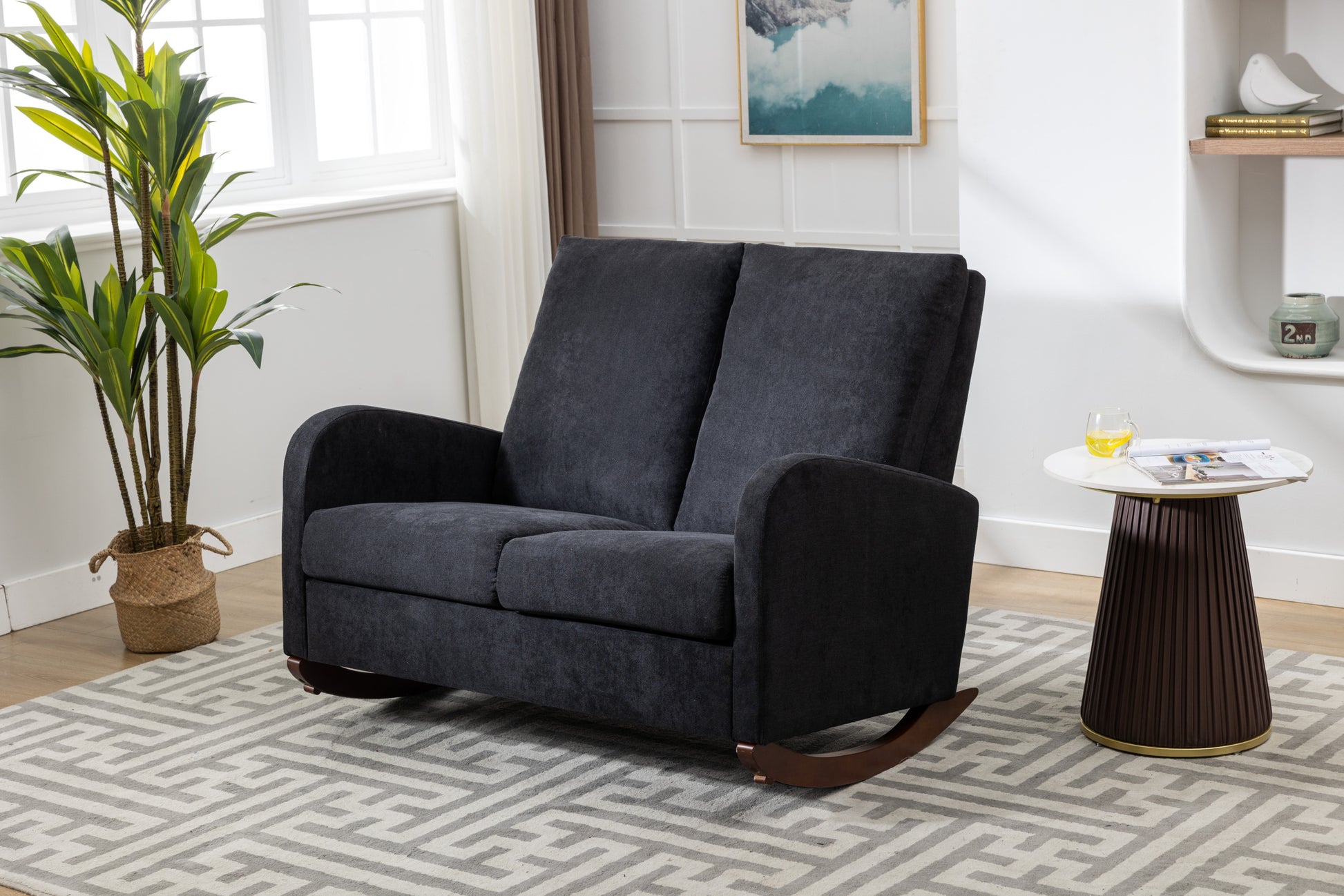 Coolmore Rocking Chair Upholstered Mid Century Modern Rocker Oversized Wingback Armchair For Living Room Black Linen
