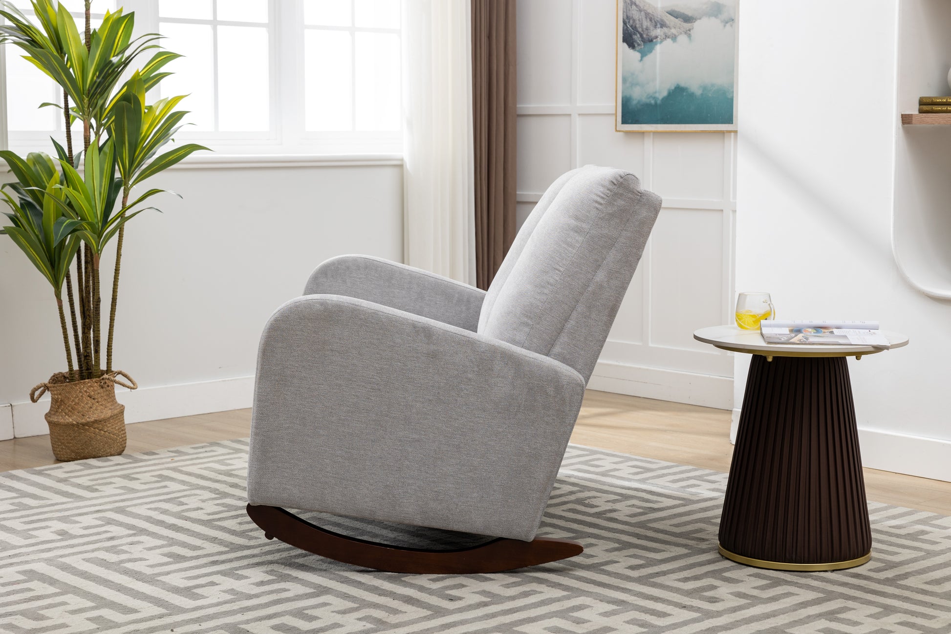 Coolmore Rocking Chair Upholstered Mid Century Modern Rocker Oversized Wingback Armchair For Living Room Light Gray Linen