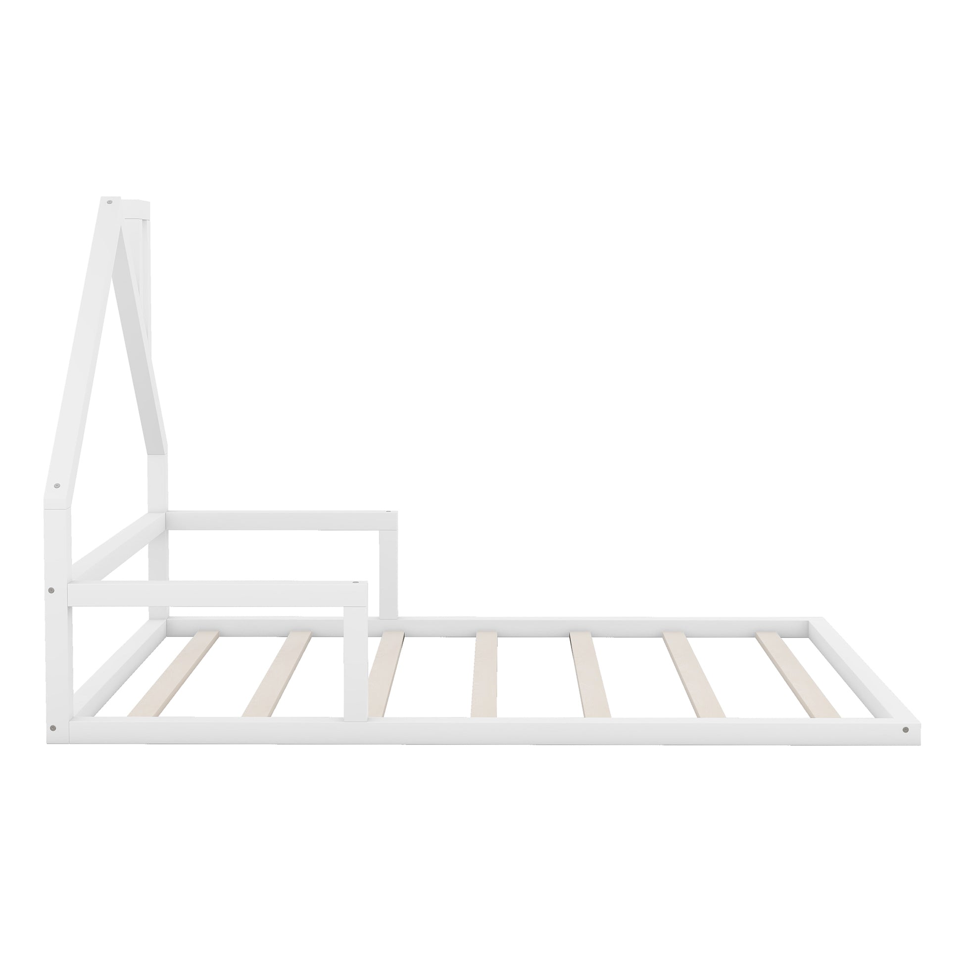 Full Size Wood Floor Bed With House Shaped Headboard, White Box Spring Not Required Full White Wood Bedroom Pine Bed Frame Solid Wood Mdf