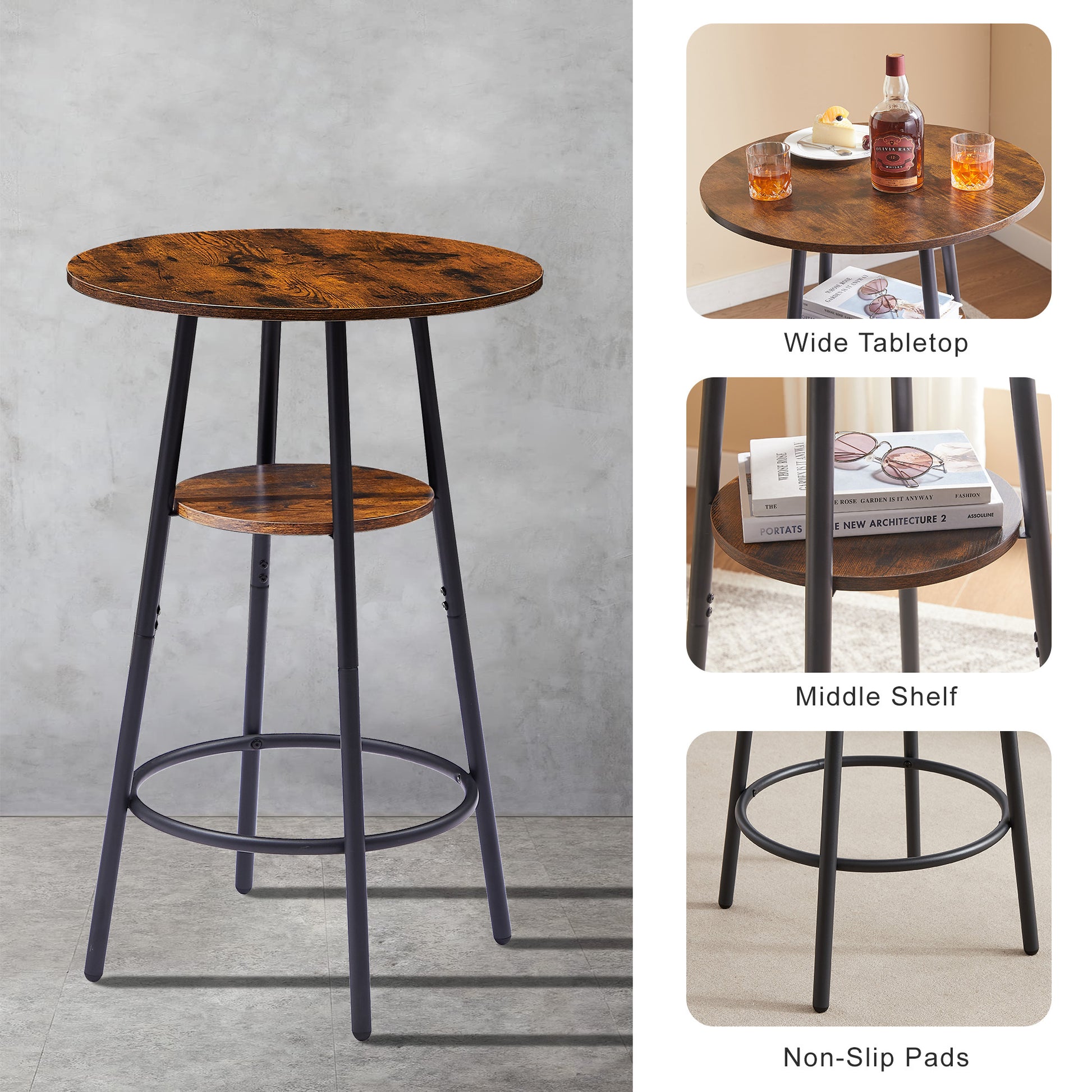 Round Bar Stool Set With Shelves, Stool With Backrest Rustic Brown, 23.6'' Dia X 35.4'' H Rustic Brown Particle Board