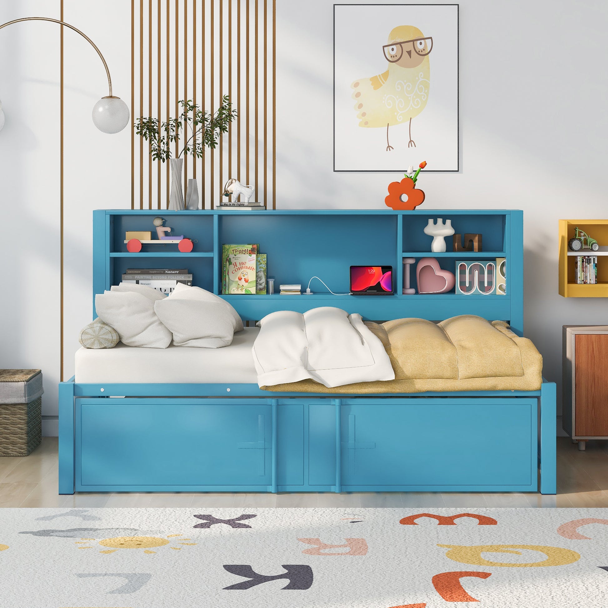 Metal Twin Size Daybed With Twin Size Trundle, Storage Shelves And Usb Ports, Blue Box Spring Not Required Twin Blue Metal Bed Frame Metal & Wood