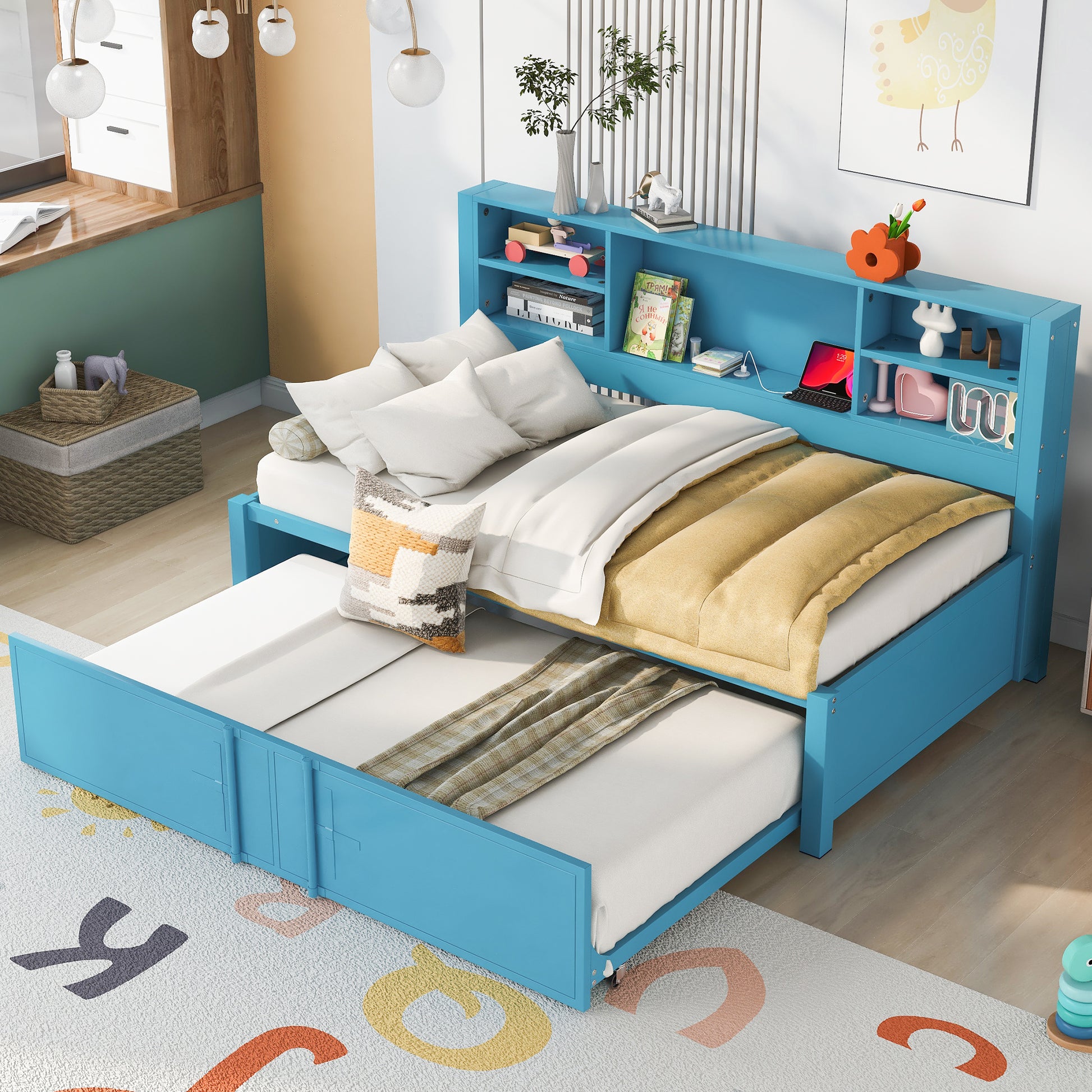 Metal Twin Size Daybed With Twin Size Trundle, Storage Shelves And Usb Ports, Blue Box Spring Not Required Twin Blue Metal Bed Frame Metal & Wood