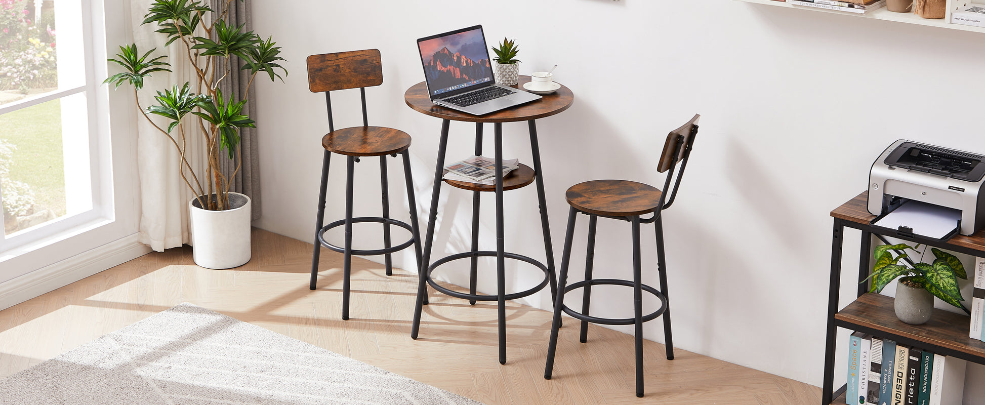 Round Bar Stool Set With Shelves, Stool With Backrest Rustic Brown, 23.6'' Dia X 35.4'' H Rustic Brown Particle Board