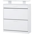 Slim Entryway Organizer With 2 Flip Drawers, Tempered Glass Top Shoe Storage Cabinet With Drawer, Free Standing Tipping Bucket Shoe Rack With Led Light For Hallway, White Square 3 4 Drawers White
