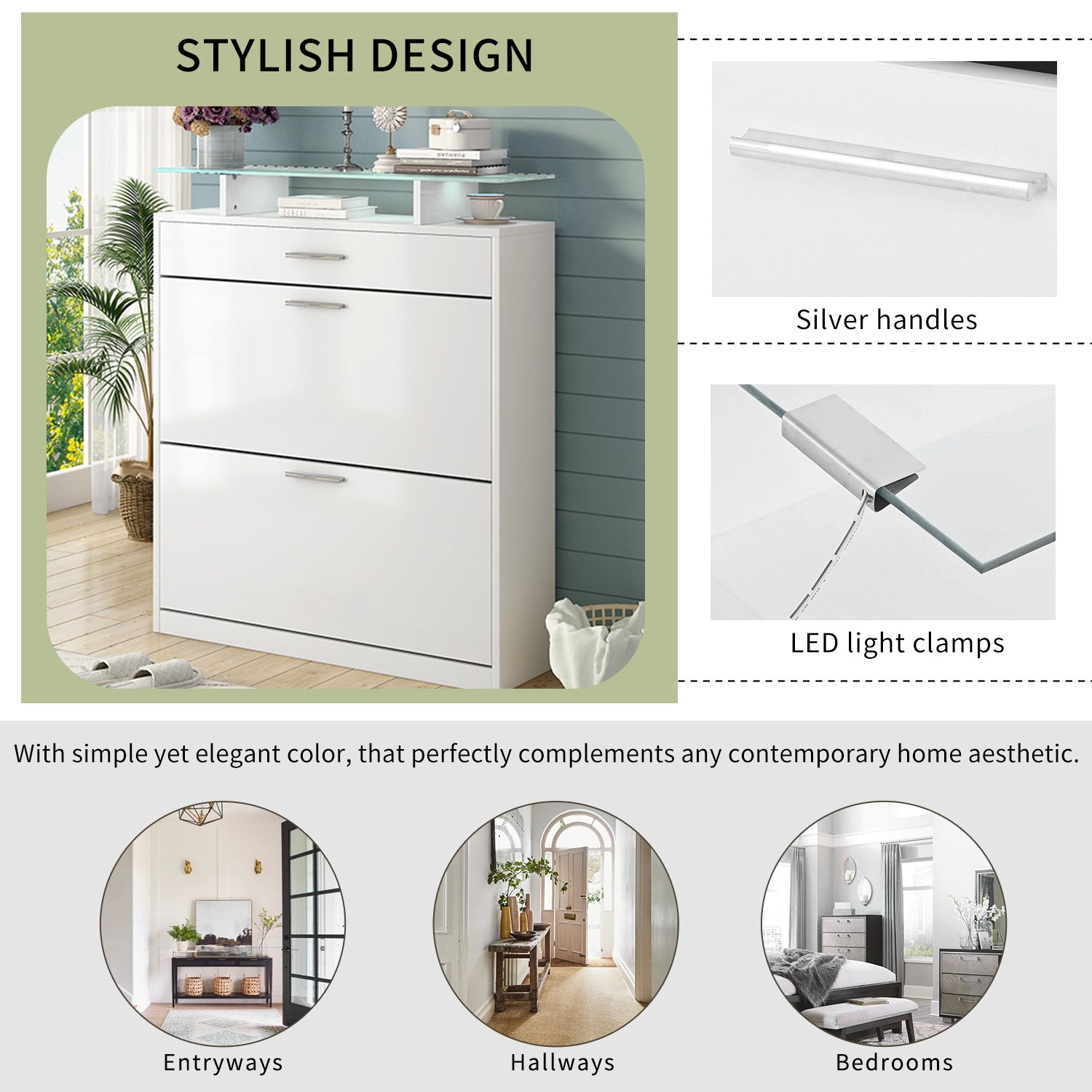 Slim Entryway Organizer With 2 Flip Drawers, Tempered Glass Top Shoe Storage Cabinet With Drawer, Free Standing Tipping Bucket Shoe Rack With Led Light For Hallway, White Square 3 4 Drawers White