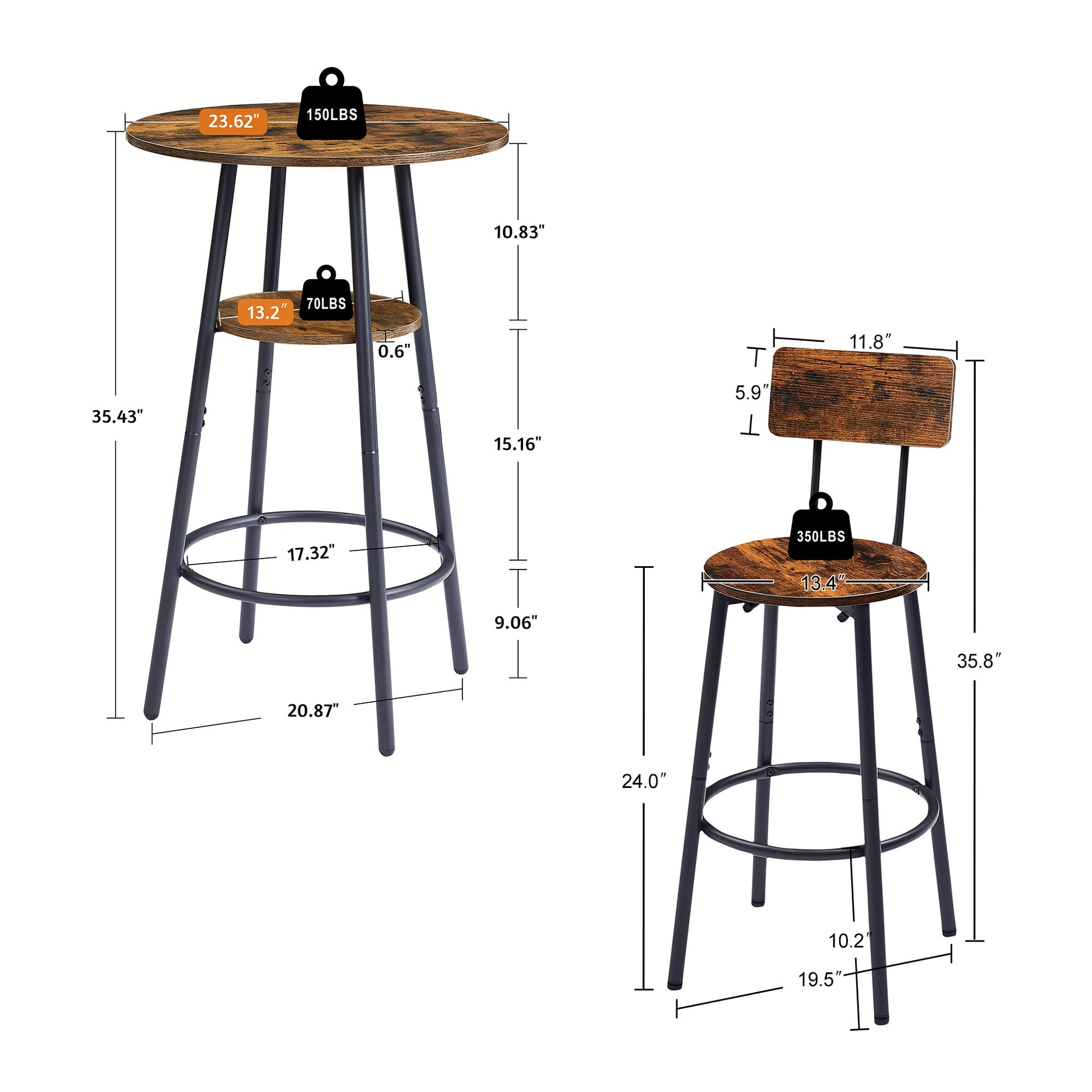 Round Bar Stool Set With Shelves, Stool With Backrest Rustic Brown, 23.6'' Dia X 35.4'' H Rustic Brown Particle Board