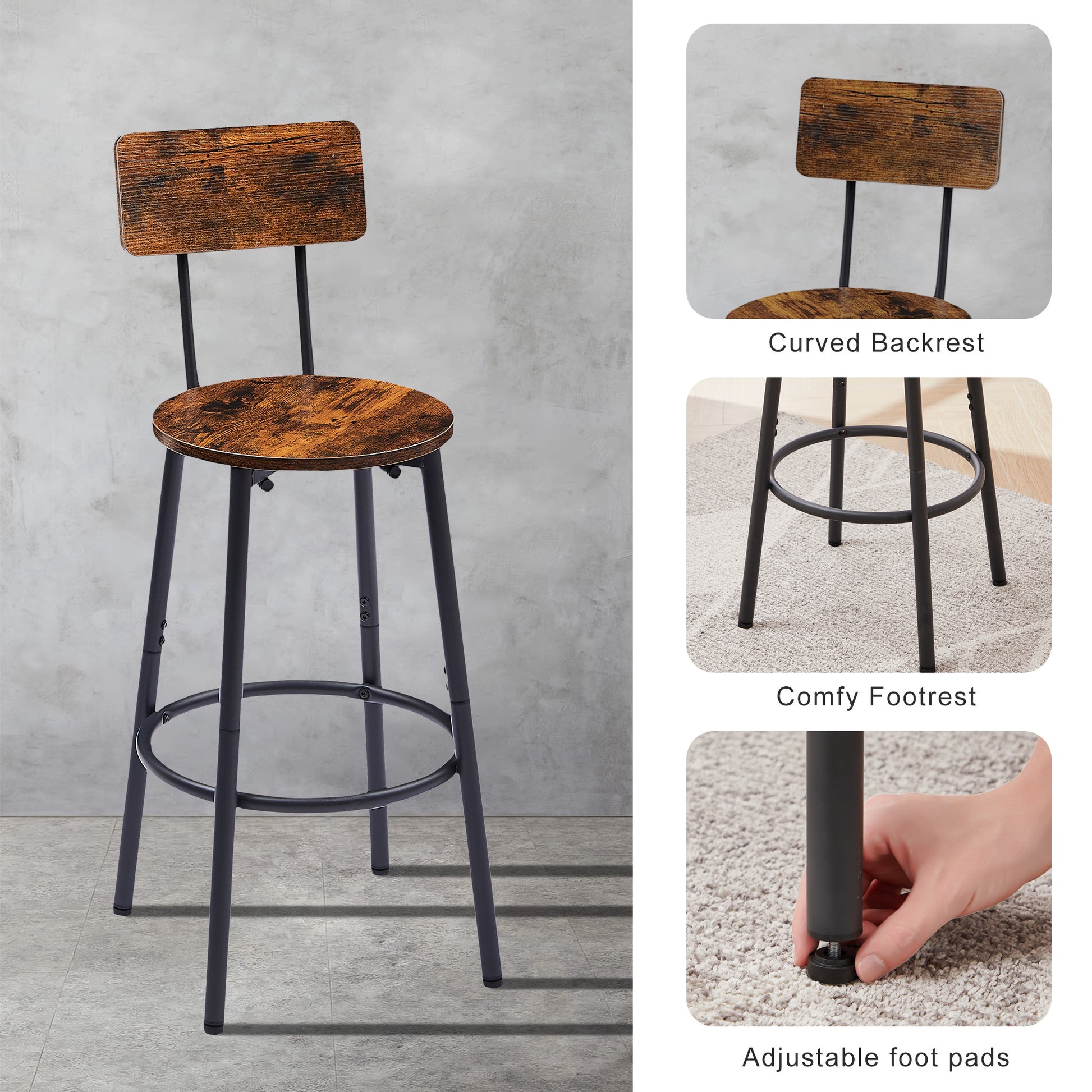 Round Bar Stool Set With Shelves, Stool With Backrest Rustic Brown, 23.6'' Dia X 35.4'' H Rustic Brown Particle Board