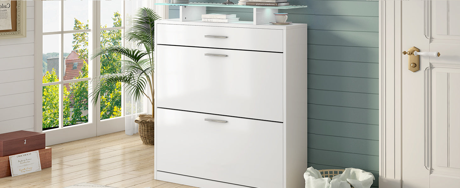 Slim Entryway Organizer With 2 Flip Drawers, Tempered Glass Top Shoe Storage Cabinet With Drawer, Free Standing Tipping Bucket Shoe Rack With Led Light For Hallway, White Square 3 4 Drawers White