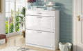 Slim Entryway Organizer With 2 Flip Drawers, Tempered Glass Top Shoe Storage Cabinet With Drawer, Free Standing Tipping Bucket Shoe Rack With Led Light For Hallway, White Square 3 4 Drawers White