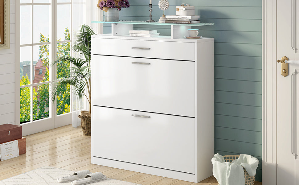 Slim Entryway Organizer With 2 Flip Drawers, Tempered Glass Top Shoe Storage Cabinet With Drawer, Free Standing Tipping Bucket Shoe Rack With Led Light For Hallway, White Square 3 4 Drawers White