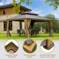 12'X14' Hardtop Gazebo, Wooden Coated Aluminum Frame Canopy With Galvanized Steel Double Roof, Outdoor Permanent Metal Pavilion With Curtains And Netting For Patio, Deck And Lawn Wood Looking Yellow Brown Aluminium