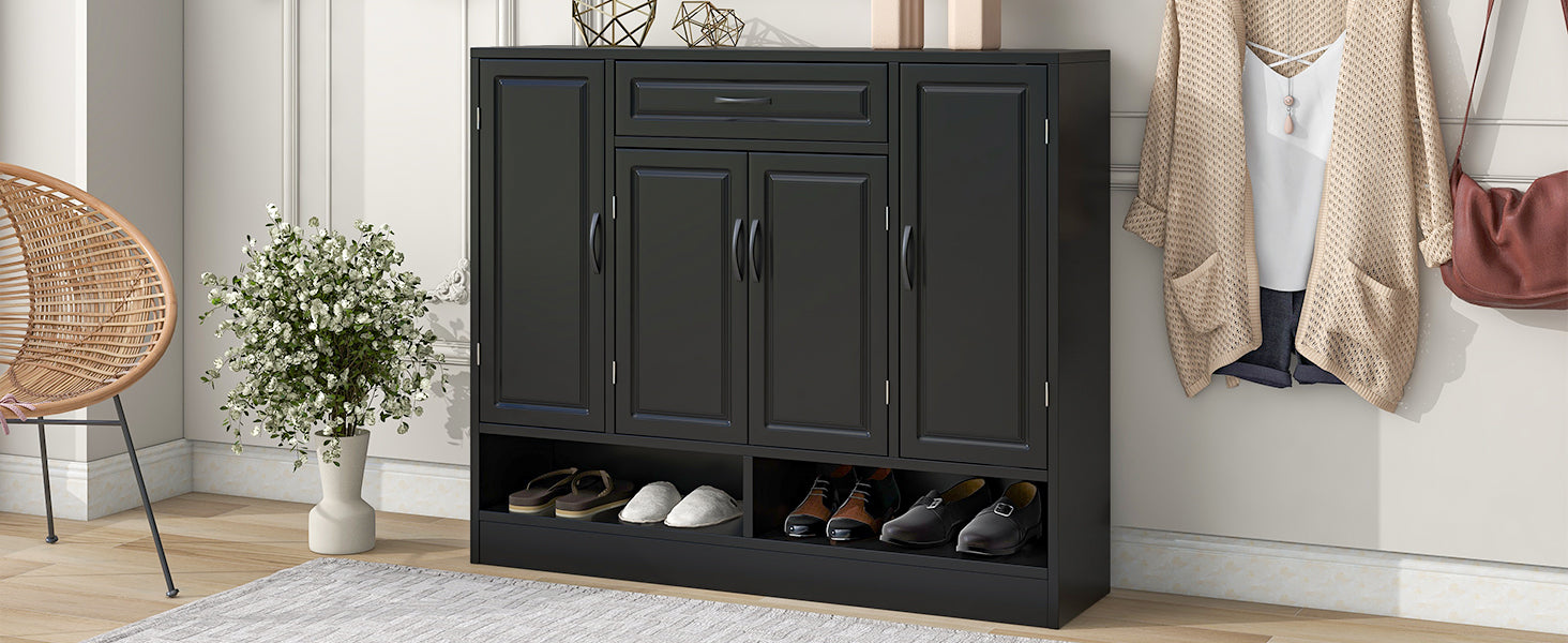 Sleek And Modern Shoe Cabinet With Adjustable Shelves, Minimalist Shoe Storage Organizer With Sturdy Top Surface, Space Saving Design Side Board For Various Sizes Of Items, Black Square 3 4 Spaces