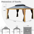 12'X14' Hardtop Gazebo, Wooden Coated Aluminum Frame Canopy With Galvanized Steel Double Roof, Outdoor Permanent Metal Pavilion With Curtains And Netting For Patio, Deck And Lawn Wood Looking Yellow Brown Aluminium