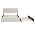 Full Size Upholstered Platform Bed With Brick Pattern Headboard And Twin Size Trundle, Linen Fabric, Beige Beige Linen