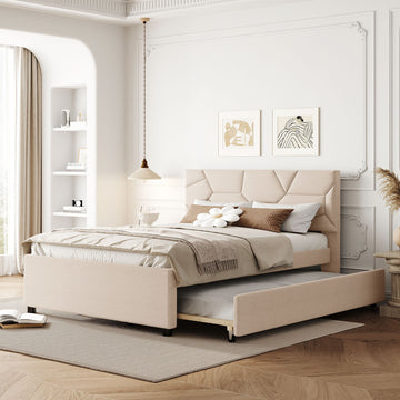 Full Size Upholstered Platform Bed With Brick Pattern Headboard And Twin Size Trundle, Linen Fabric, Beige Beige Linen