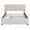 Full Size Upholstered Platform Bed With Brick Pattern Headboard And Twin Size Trundle, Linen Fabric, Beige Beige Linen
