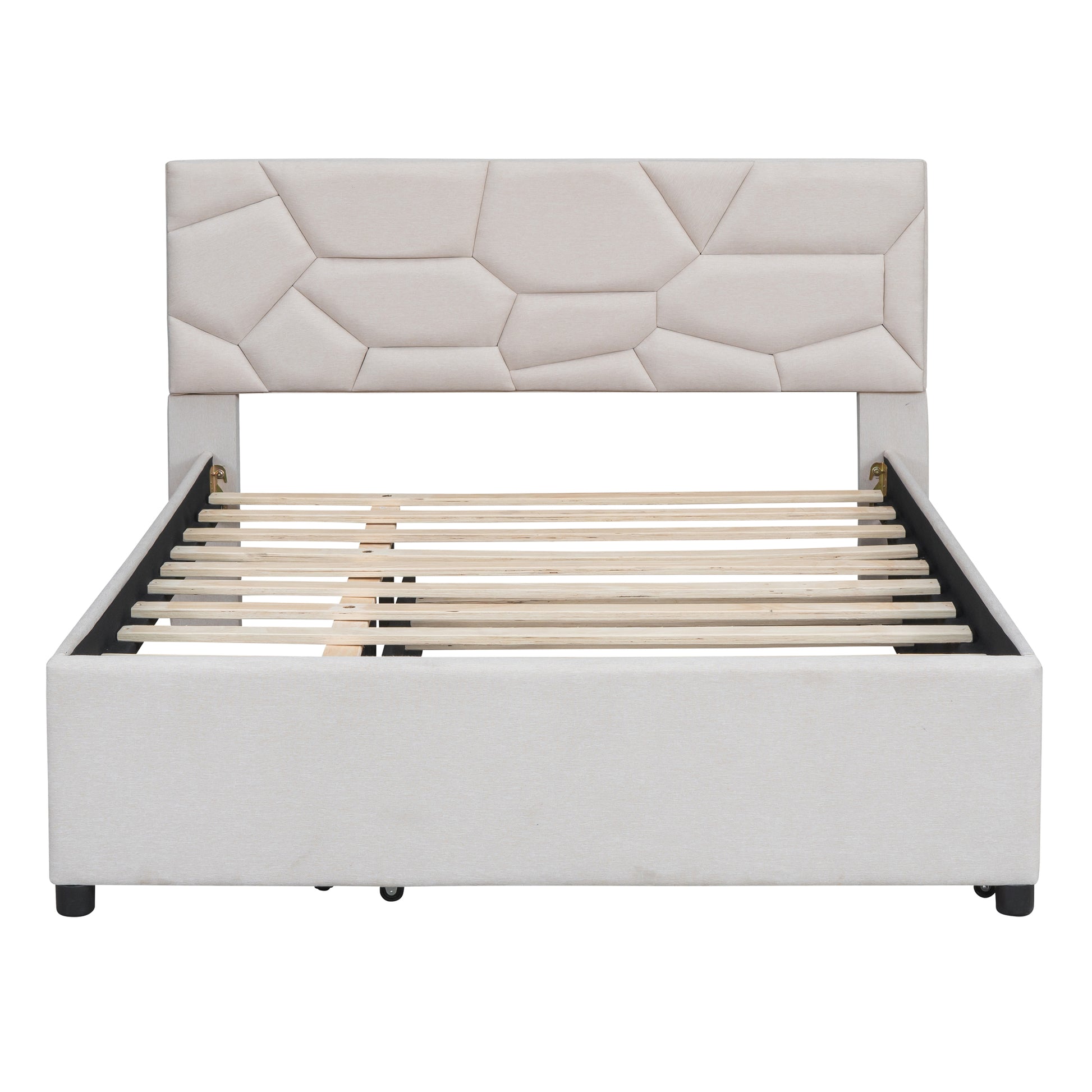 Full Size Upholstered Platform Bed With Brick Pattern Headboard And Twin Size Trundle, Linen Fabric, Beige Beige Linen