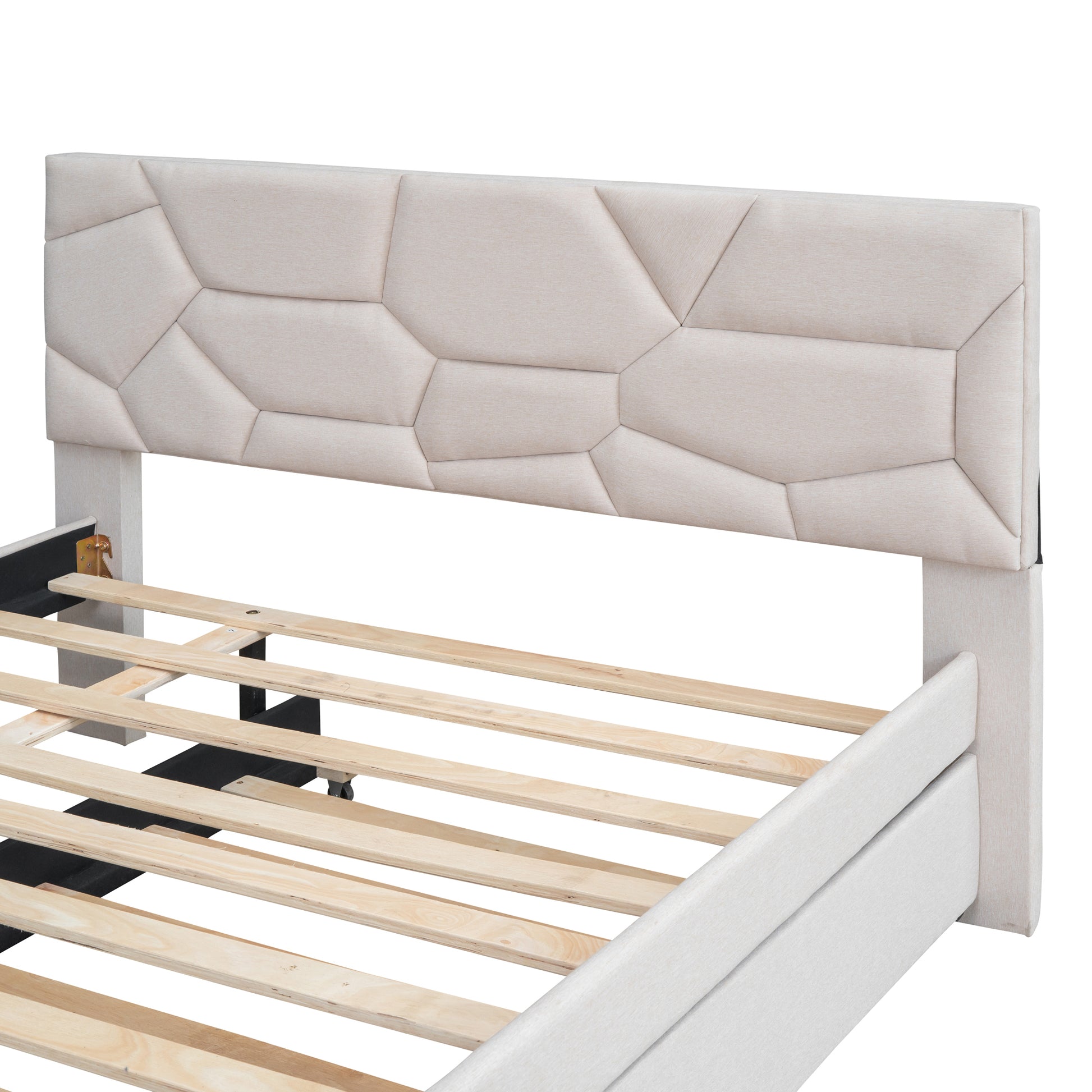 Full Size Upholstered Platform Bed With Brick Pattern Headboard And Twin Size Trundle, Linen Fabric, Beige Beige Linen