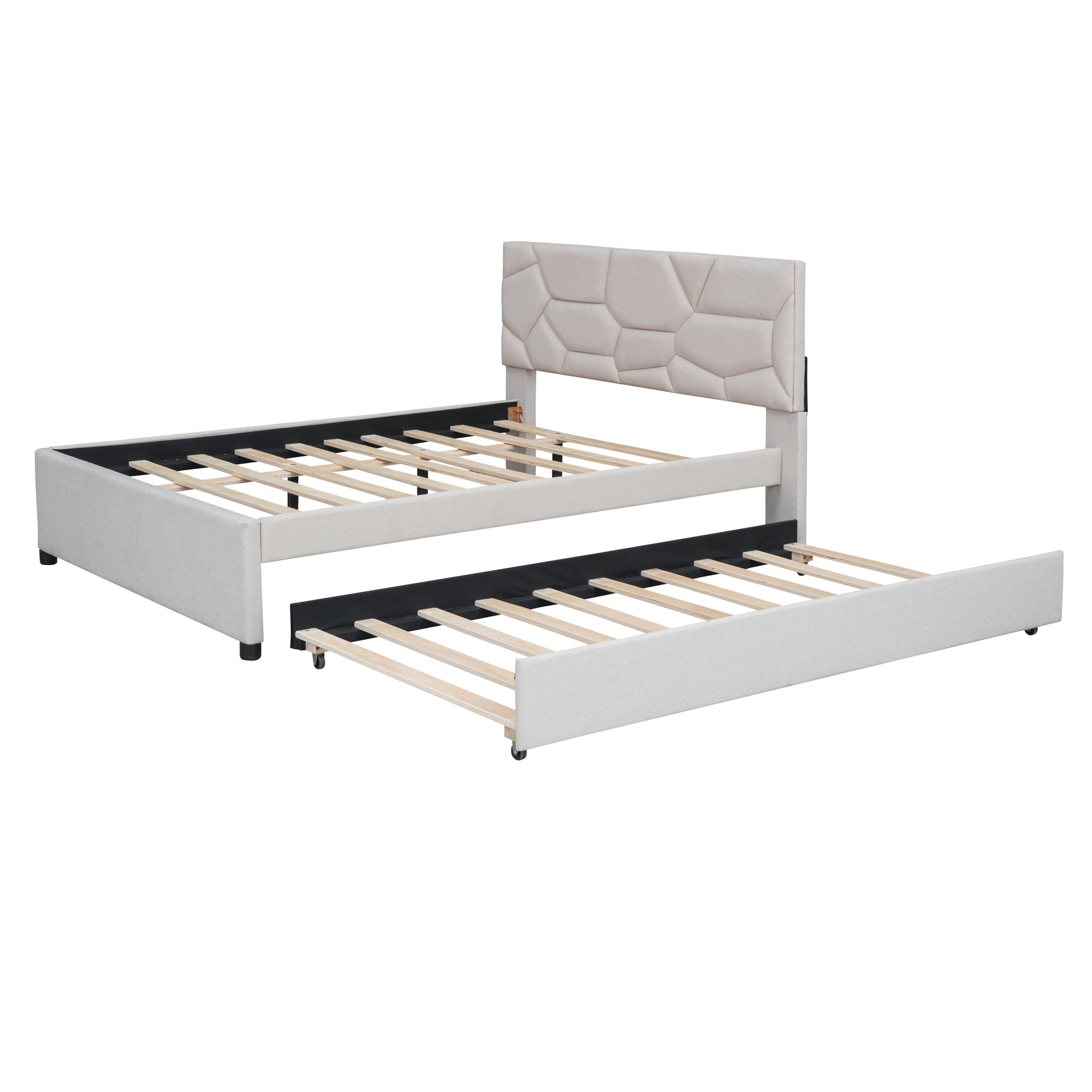 Full Size Upholstered Platform Bed With Brick Pattern Headboard And Twin Size Trundle, Linen Fabric, Beige Beige Linen