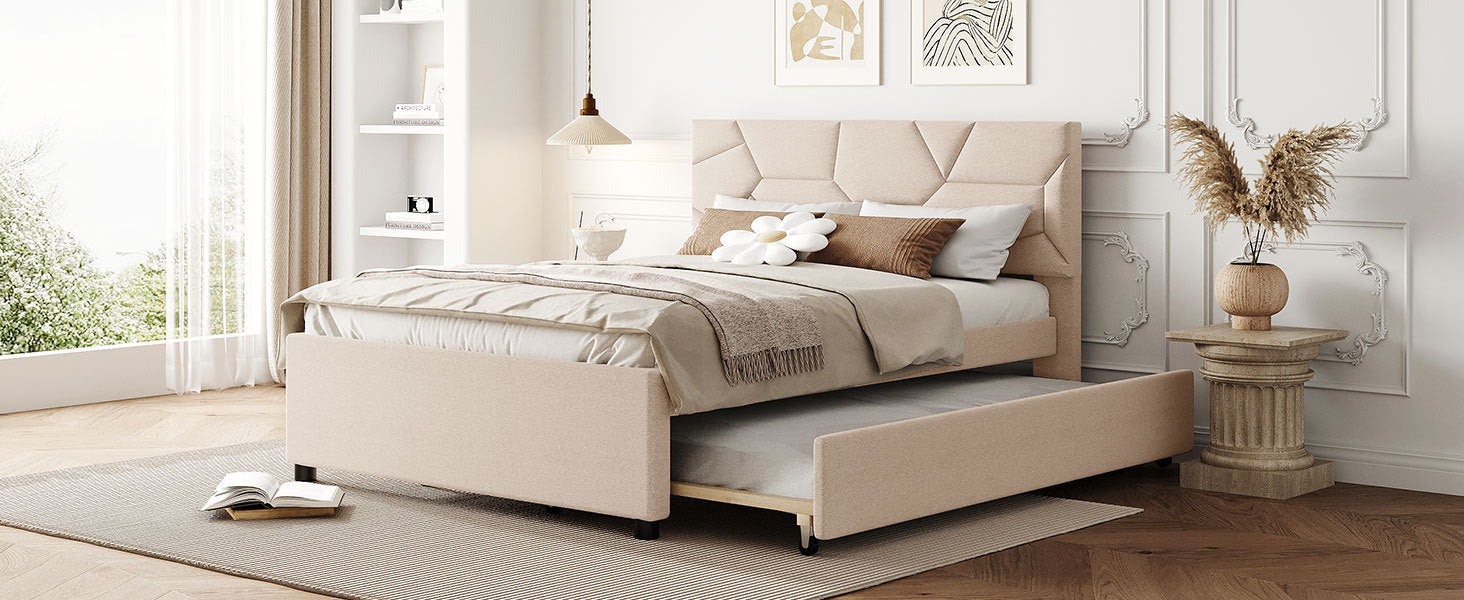 Full Size Upholstered Platform Bed With Brick Pattern Headboard And Twin Size Trundle, Linen Fabric, Beige Beige Linen