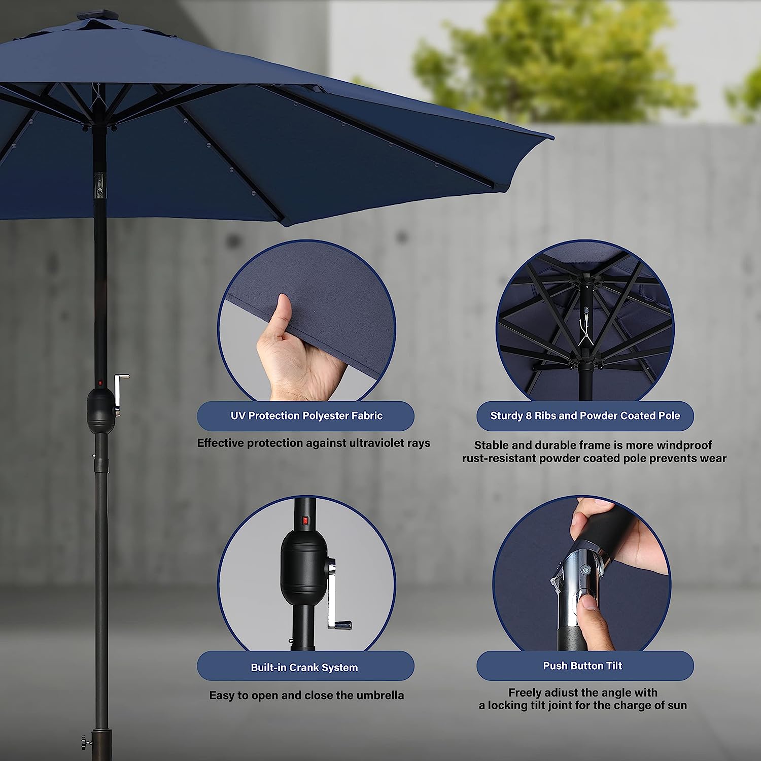 9' Solar Umbrella 32 Led Lighted Patio Umbrella Table Market Umbrella With Push Button Tilt Crank Outdoor Umbrella For Garden, Deck, Backyard And Pool, Dark Blue Dark Blue Stainless Steel