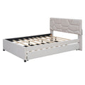 Full Size Upholstered Platform Bed With Brick Pattern Headboard And Twin Size Trundle, Linen Fabric, Beige Beige Linen