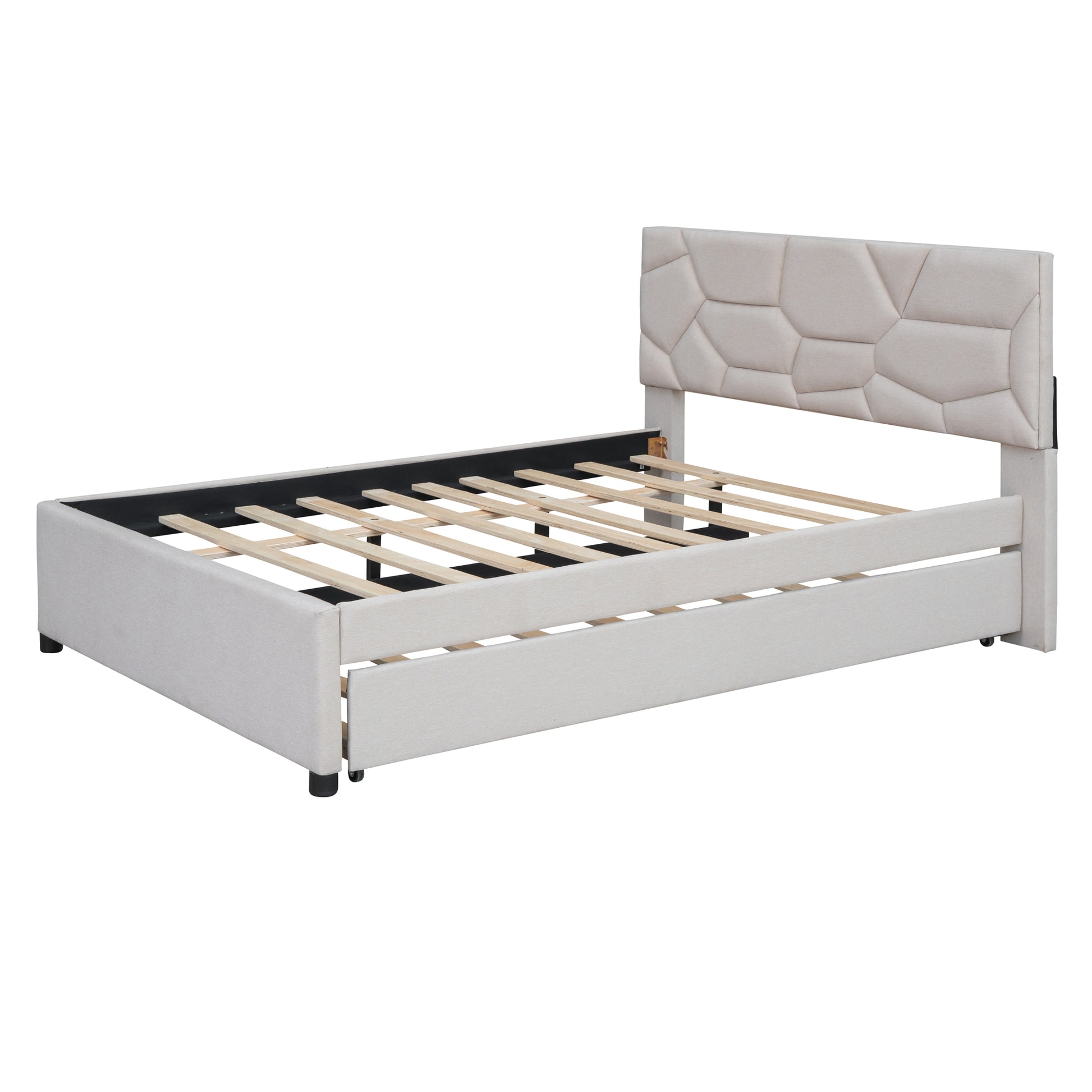 Full Size Upholstered Platform Bed With Brick Pattern Headboard And Twin Size Trundle, Linen Fabric, Beige Beige Linen