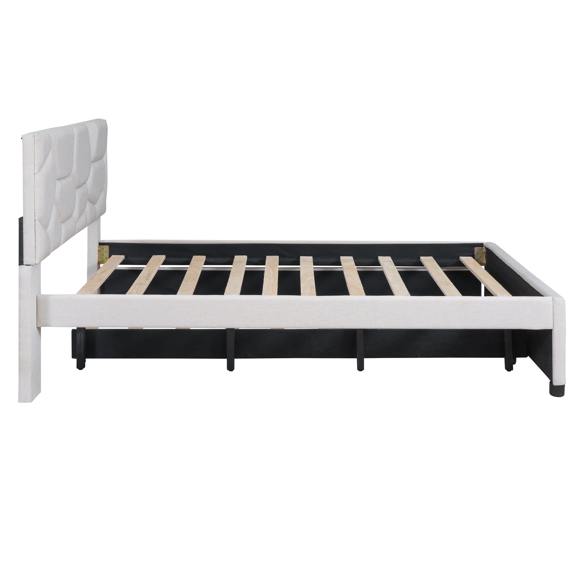 Full Size Upholstered Platform Bed With Brick Pattern Headboard And Twin Size Trundle, Linen Fabric, Beige Beige Linen