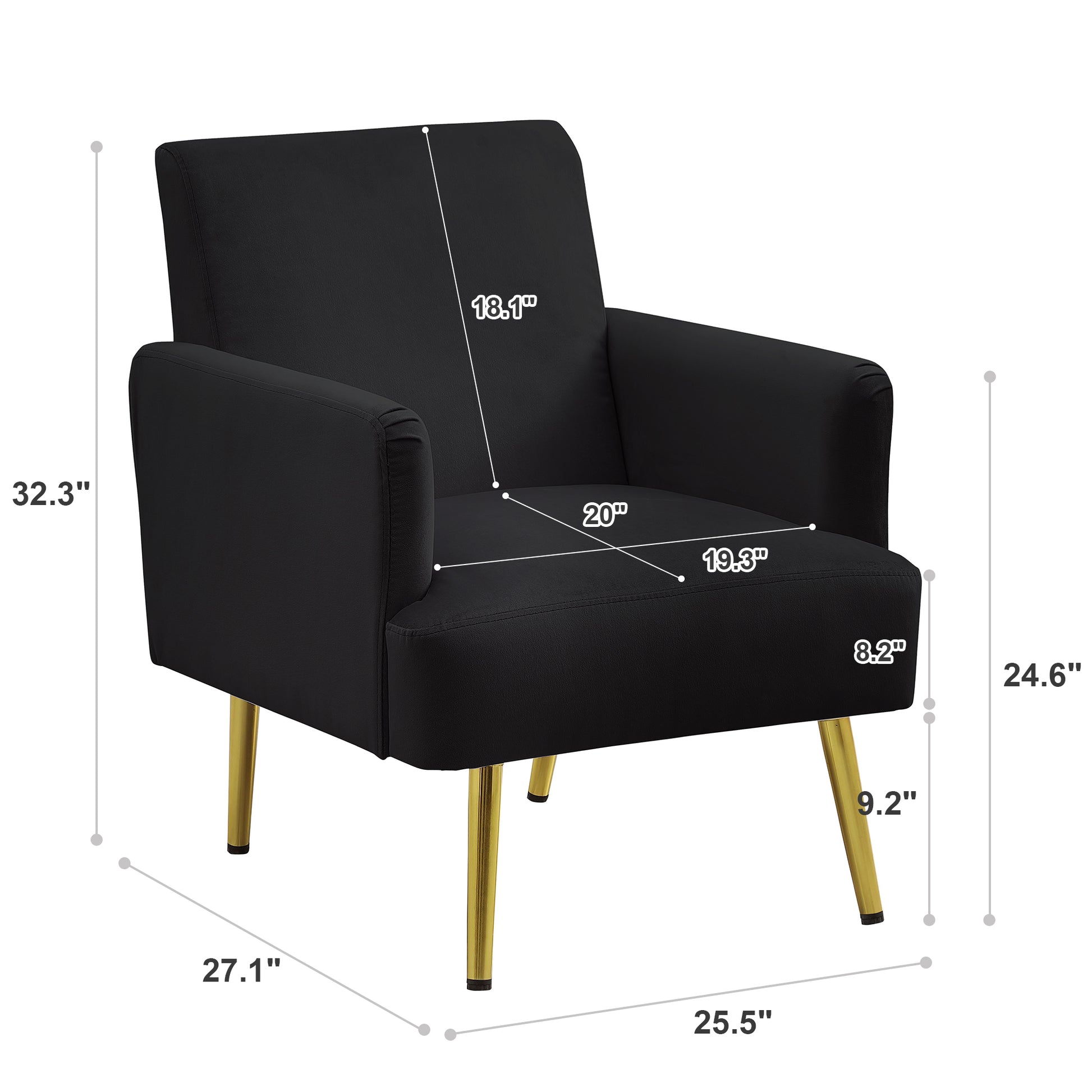 Reading Armchair Living Room Comfy Accent Chairs, Bedroom Chairs For Office Bedroom With Arm Rest, Lounge Chair For Office And Study Black Velvet