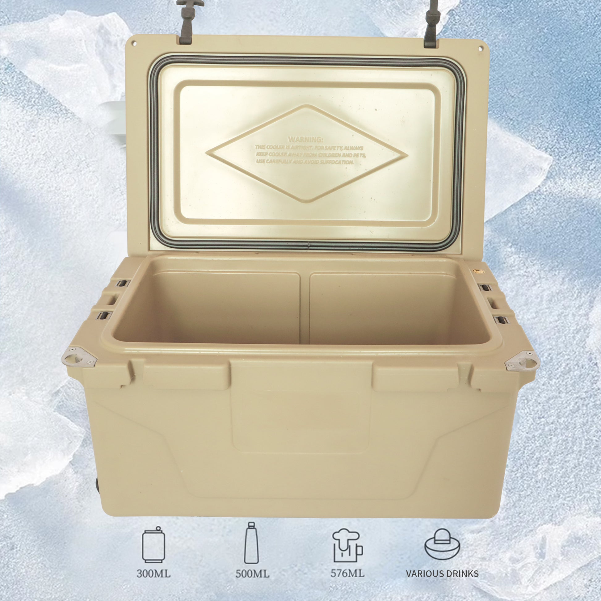 Khaki Color Ice Cooler Box 65Qt Camping Ice Chest Beer Box Outdoor Fishing Cooler Khaki Abs Plastic