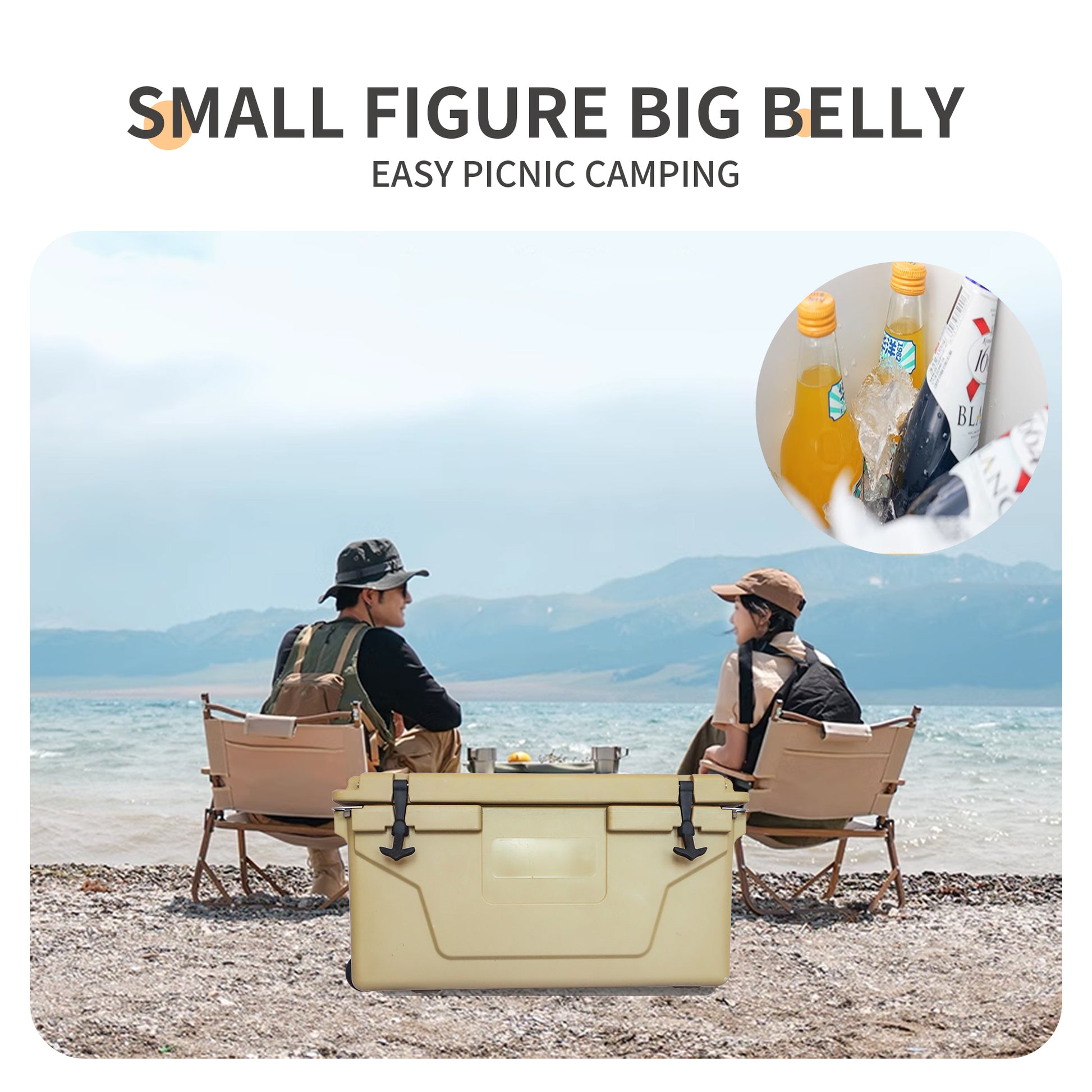 Khaki Color Ice Cooler Box 65Qt Camping Ice Chest Beer Box Outdoor Fishing Cooler Khaki Abs Plastic